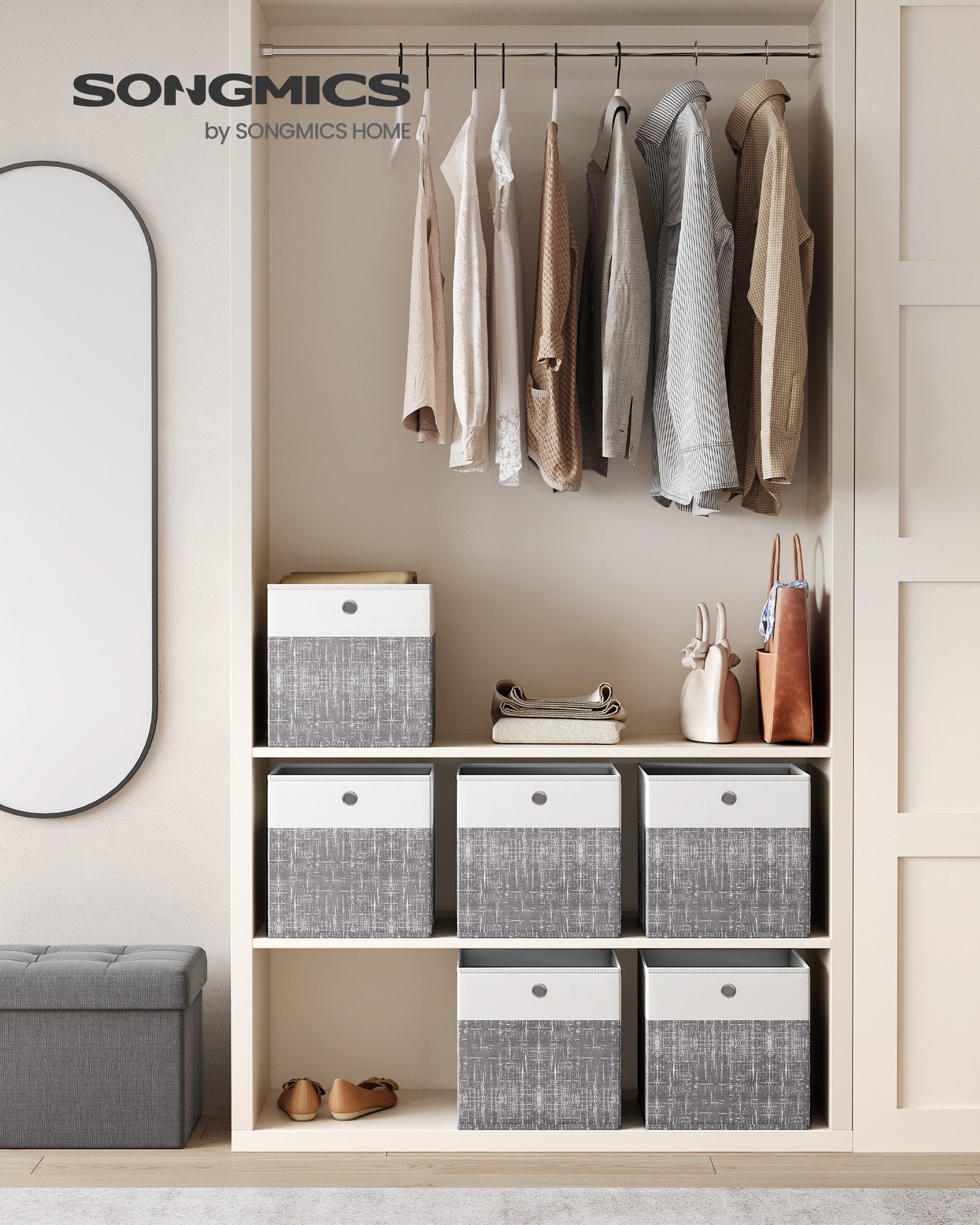 SONGMICS Aufbewahrungsbox Aufbewahrungskorb, Ordnungsboxen, Faltbox, Stoffbox für Würfelregal (6 St), mit PP-Platten, geruchsneutral, 30 x 30 x 30 cm, wolkenweiß-schilfgrau