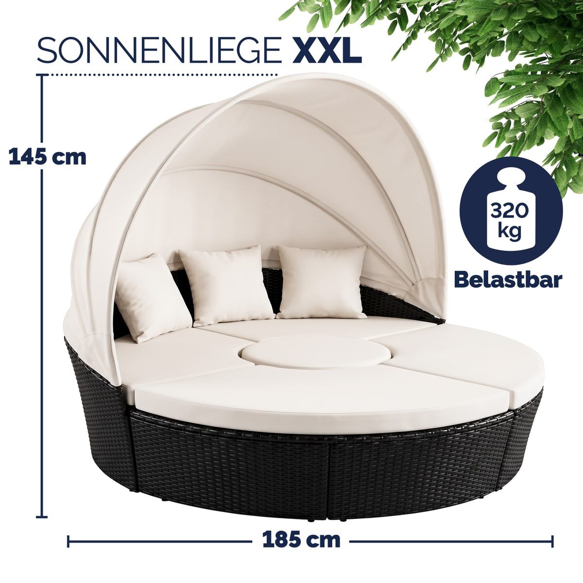 Casaria Sonneninsel Schwarz, 185cm Sonnenliege Polyrattan mit Tisch Wetterfest Kissen Gartenliege