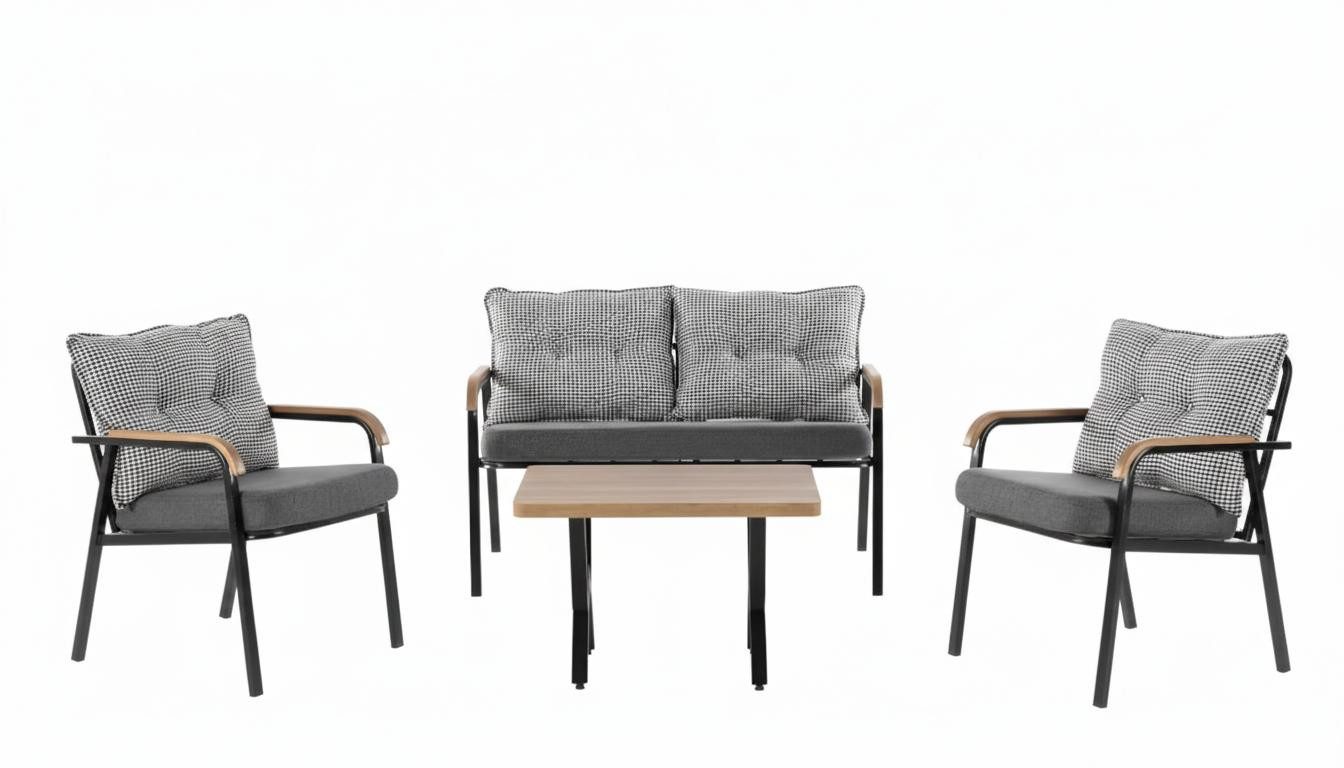 JVmoebel Sitzgruppe Terrassen-Set 2-Sitzer-Sofa Sessel Tisch Grau Farbe Moderner Stil Neu, (3-tlg)