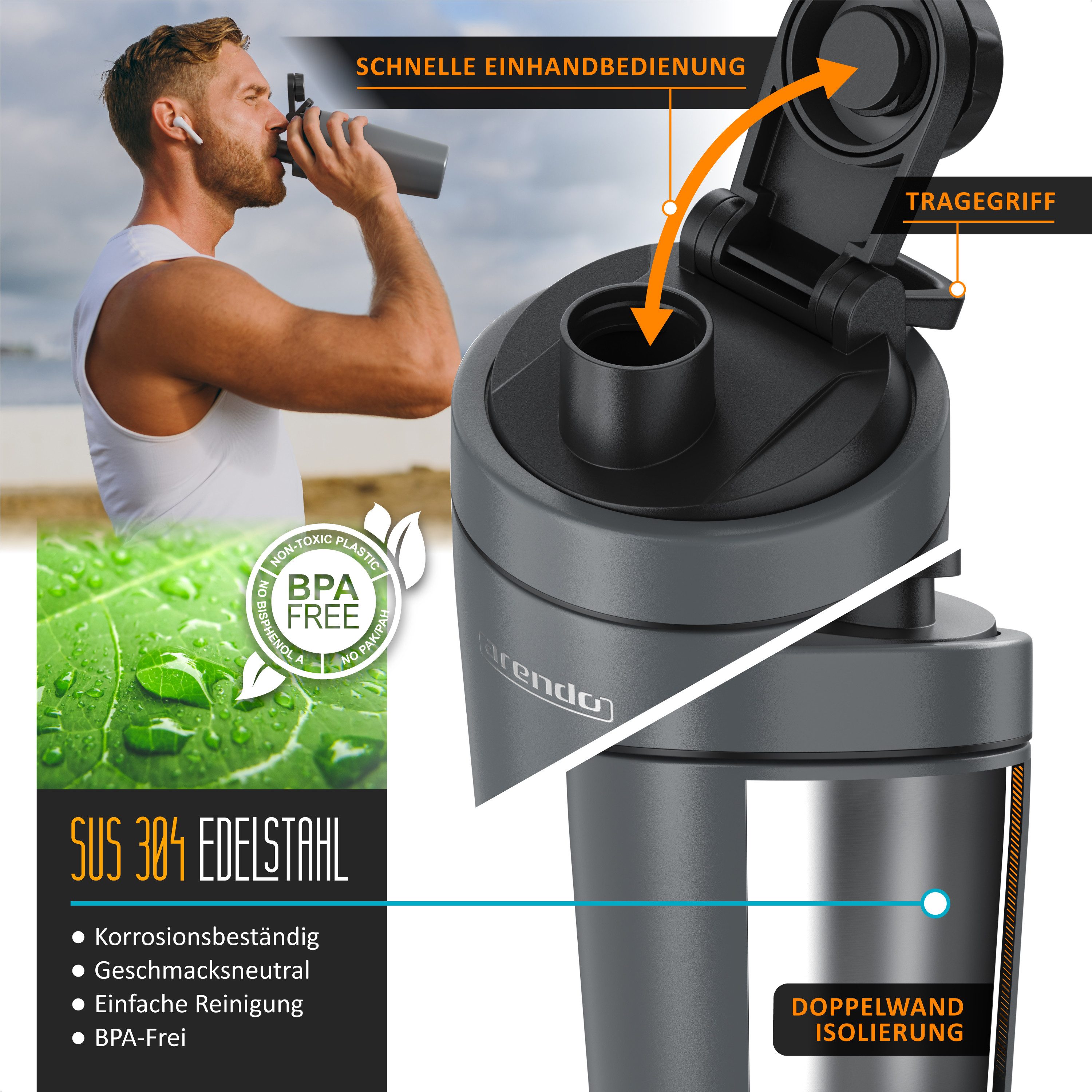 Arendo Protein Shaker Edelstahl Eiweißshaker 750 ml, verschließbar, bruchfest, BPA-frei, Edelstahl, auslaufsicher, spülmaschinengeeignet, mit Tragegriff und Mixball