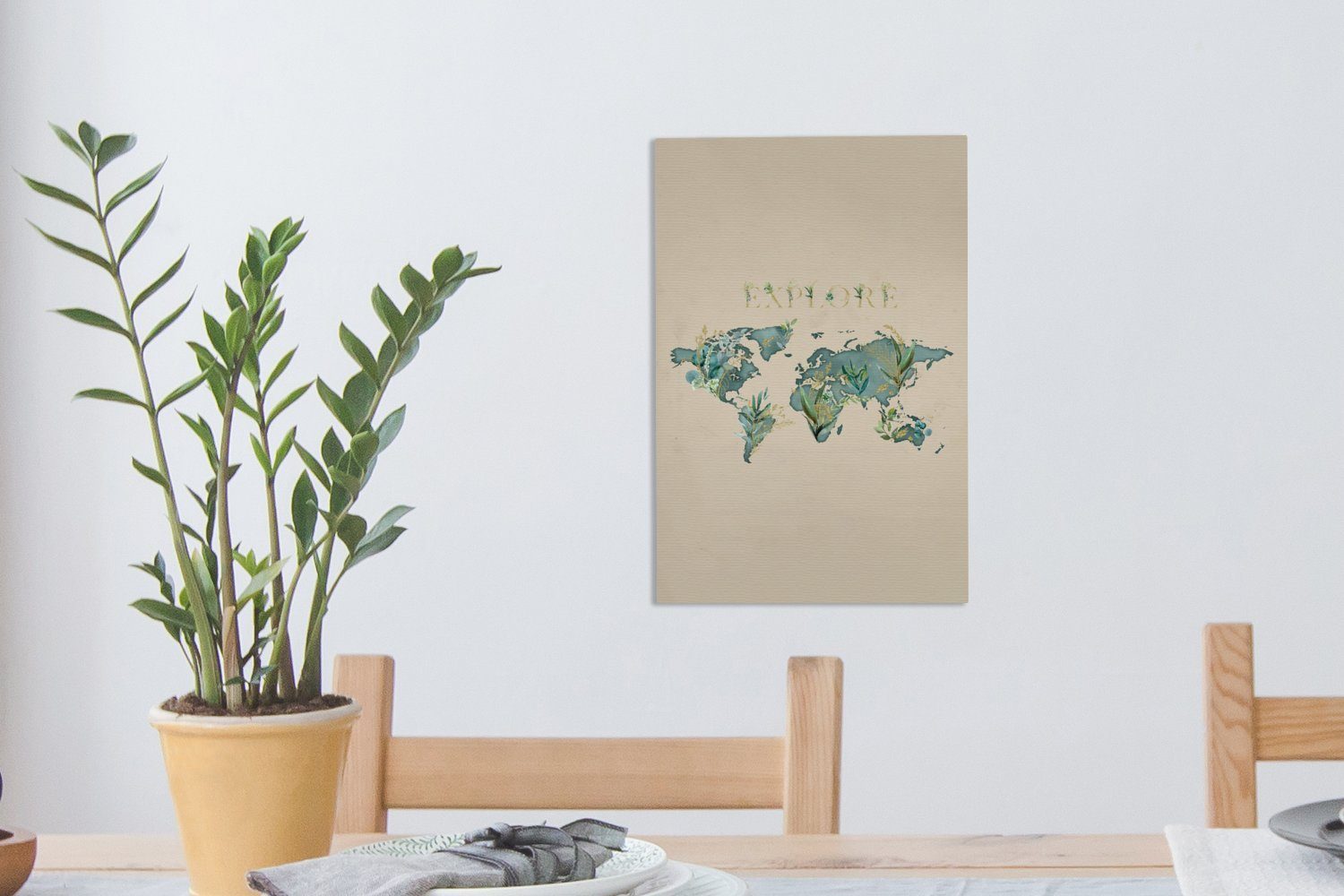 Leinwandbild Türkis Weltkarte inkl. Gemälde, cm - OneMillionCanvasses® St), bespannt (1 fertig 20x30 - Pflanzen, Zackenaufhänger, Leinwandbild