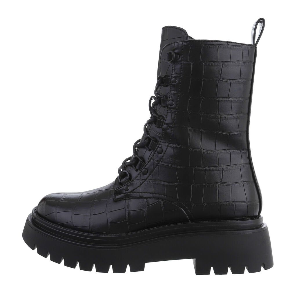 Ital-Design Damen Schnürschuhe Freizeit Stiefelette Plateaustiefeletten Schwarz Blockabsatz in