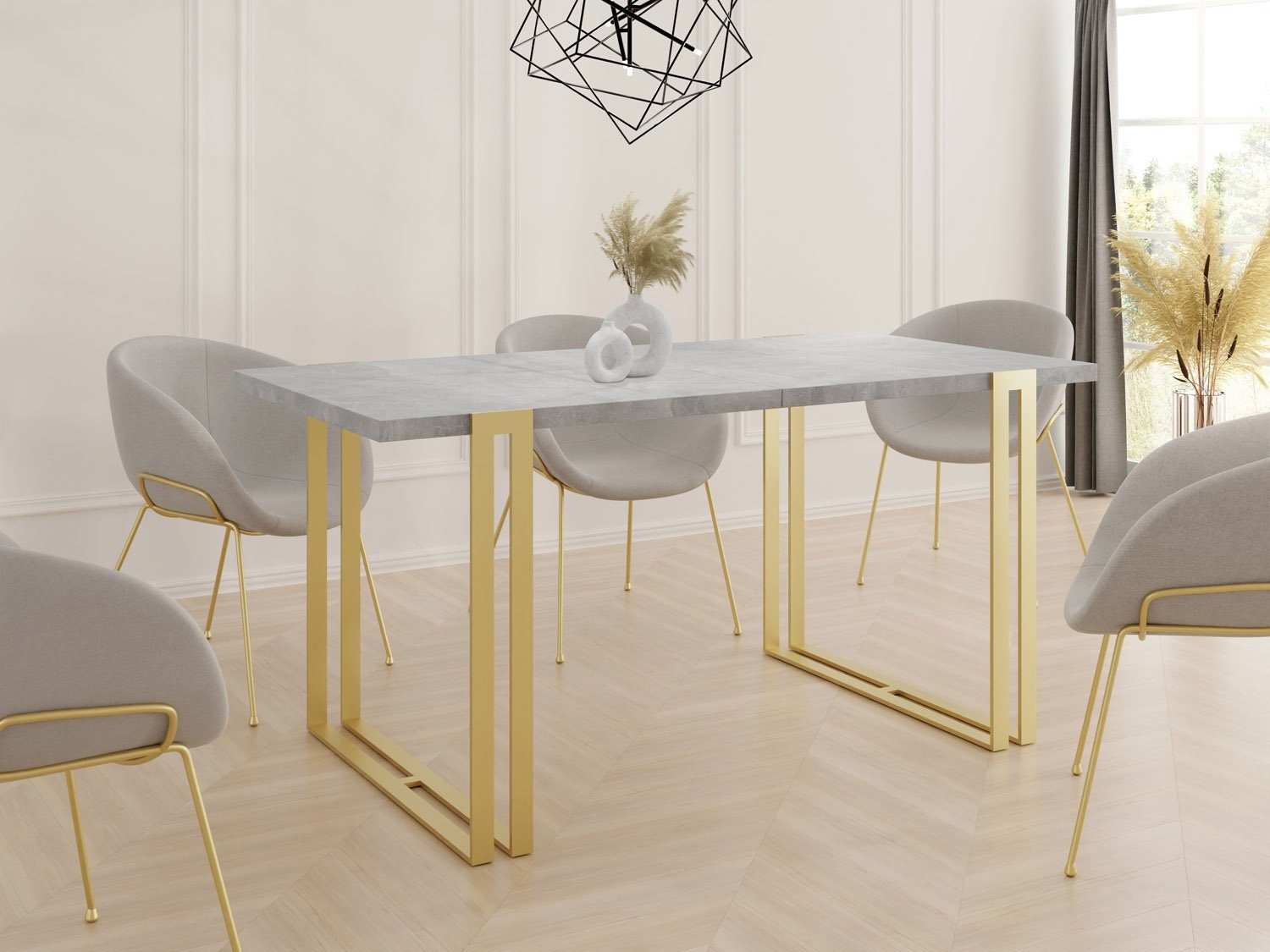 Glamour Marco Tisch WFL mit im Metallbeinen Loft-Stil Grau Gold, Beton Esstisch Ausziehbar GROUP