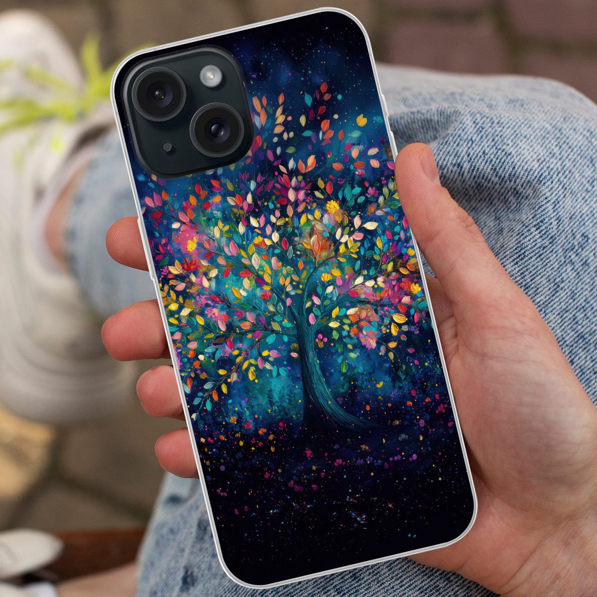 MuchoWow Handyhülle für Apple iPhone 15 Bunt - Baum - Magisch - Abstrakt, Smartphone-Bumper, Print, Handy Schutzhülle Dünn