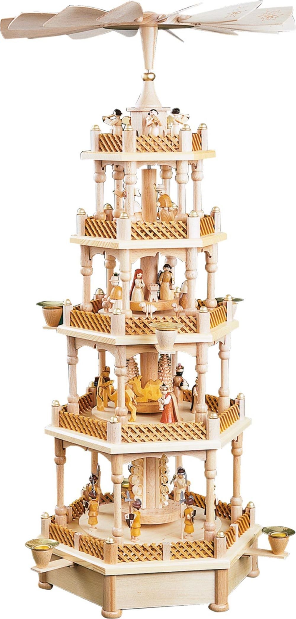 Weihnachtspyramide Heilige Familie natur 4-stöckig mit Spielwerk