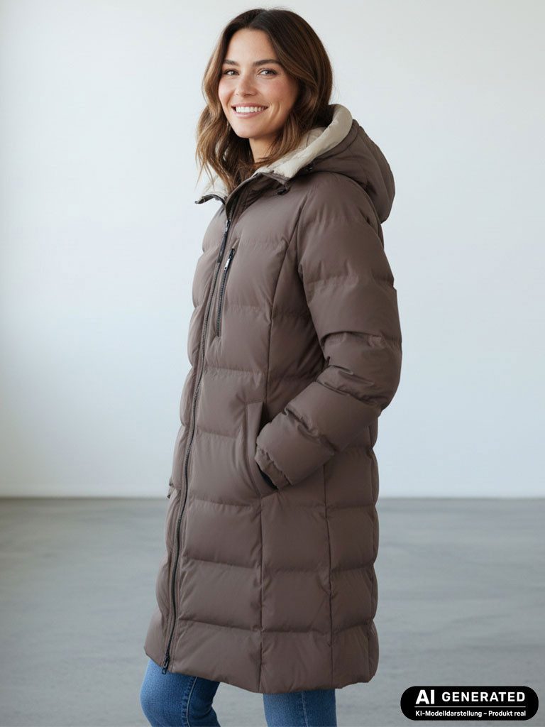 BLUE FLAME Steppmantel 60342 Damen Steppjacke Lang mit Kapuze und Chintzfutter