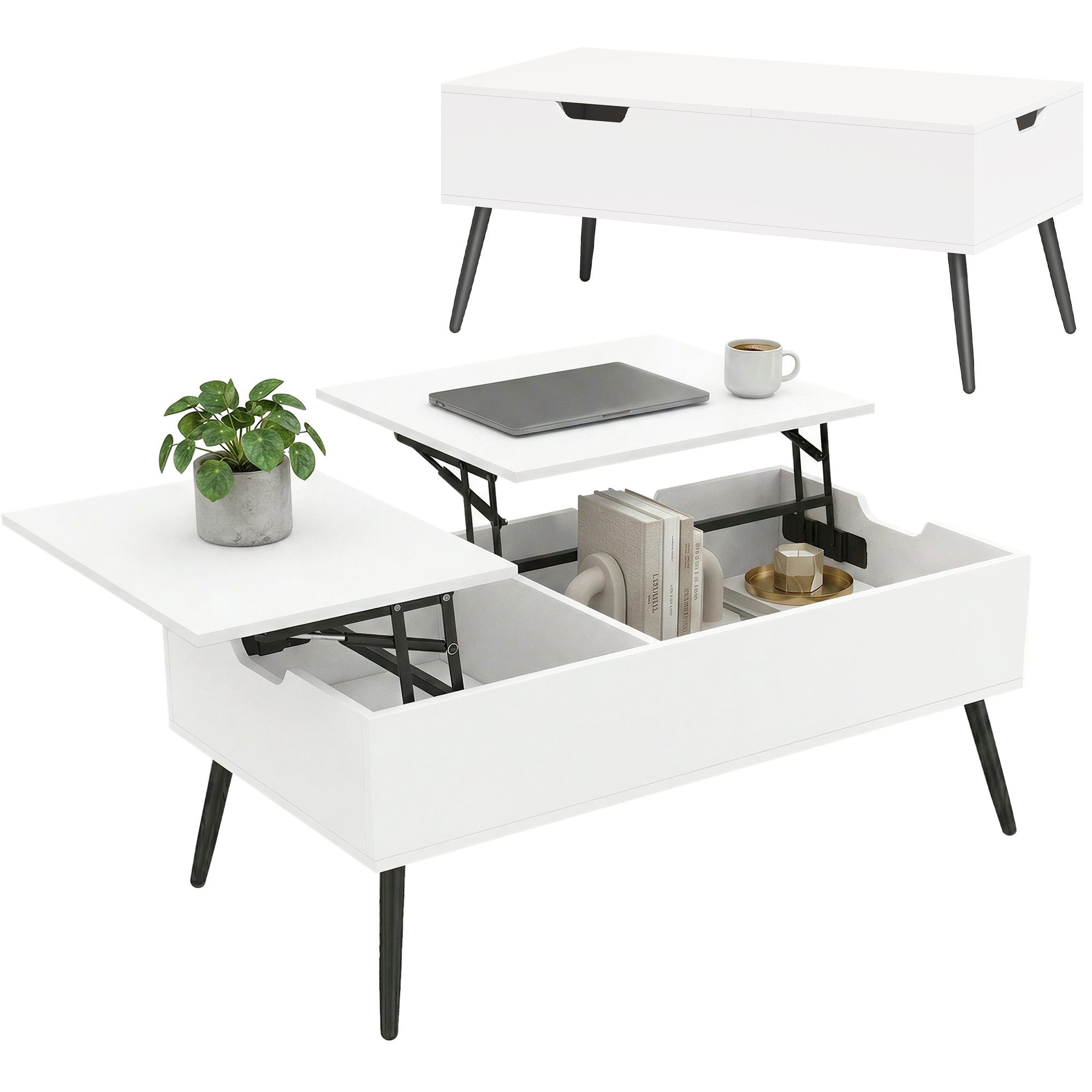 OKWISH Couchtisch Wohnzimmertisch 50x100 cm Weiß mit verstecktem Stauraum (Packung, 1-St., Moderner Sofatisch für Wohnzimmer mit cleverer Funktion), Höhenverstellbarer Tisch mit praktischem Aufbewahrungsfach