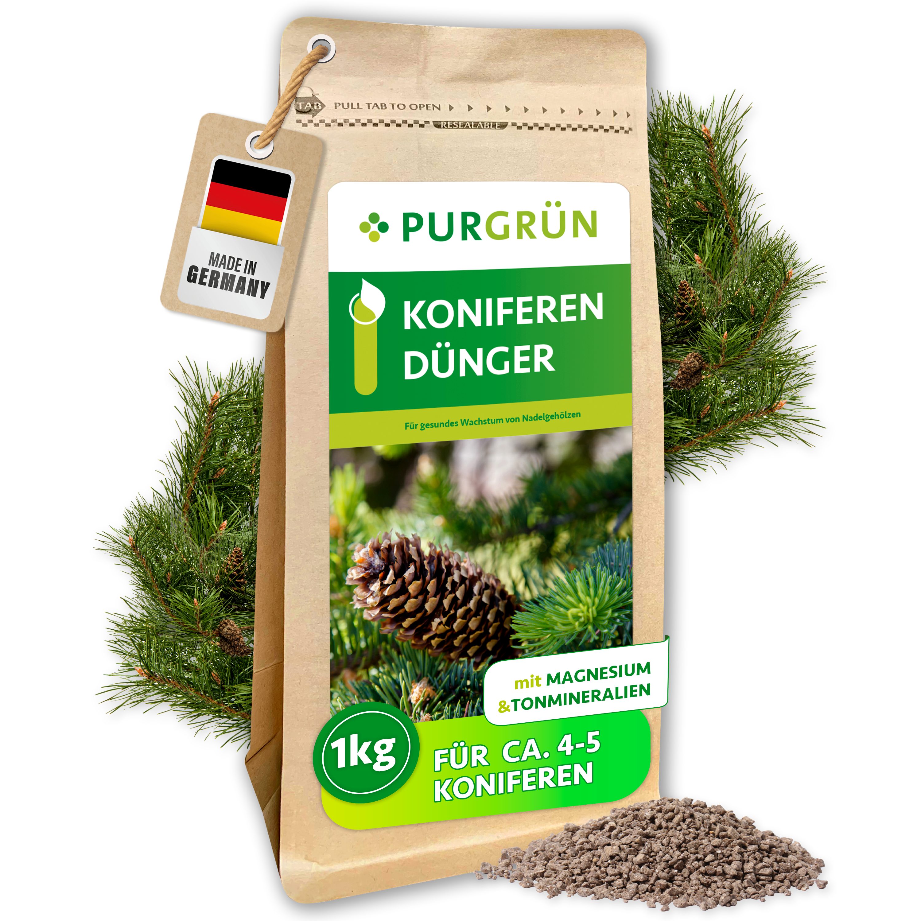 Purgrün Gartendünger Koniferendünger, NPK 8+4+5, Magnesium für grüne Nadeln, 1 kg, Granulat, 1-St., 1 kg