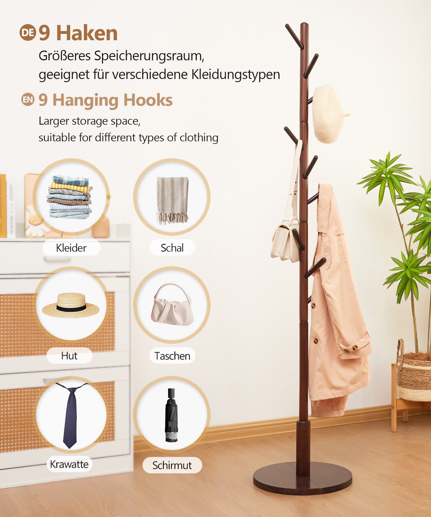 Yorbay Garderobenständer aus Buche Massivholz, Kleiderständer Baumform mit 9 Haken, 38 x 179 cm, Verstellbar Garderobenständer für Jacken, Hüte, Taschen, Braun – Bild 5 von 5