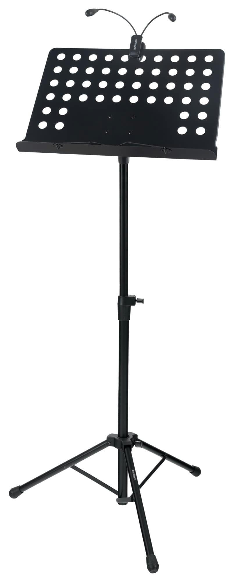 McGrey Notenpult Orchesterpult Lochblech Ständer Deluxe Notenständer mit Notenklemmen, (Spar-Set, 2-tlg., Set inkl. LED-Leuchte, Double Ausführung), Abnehmbare Lochblechablage