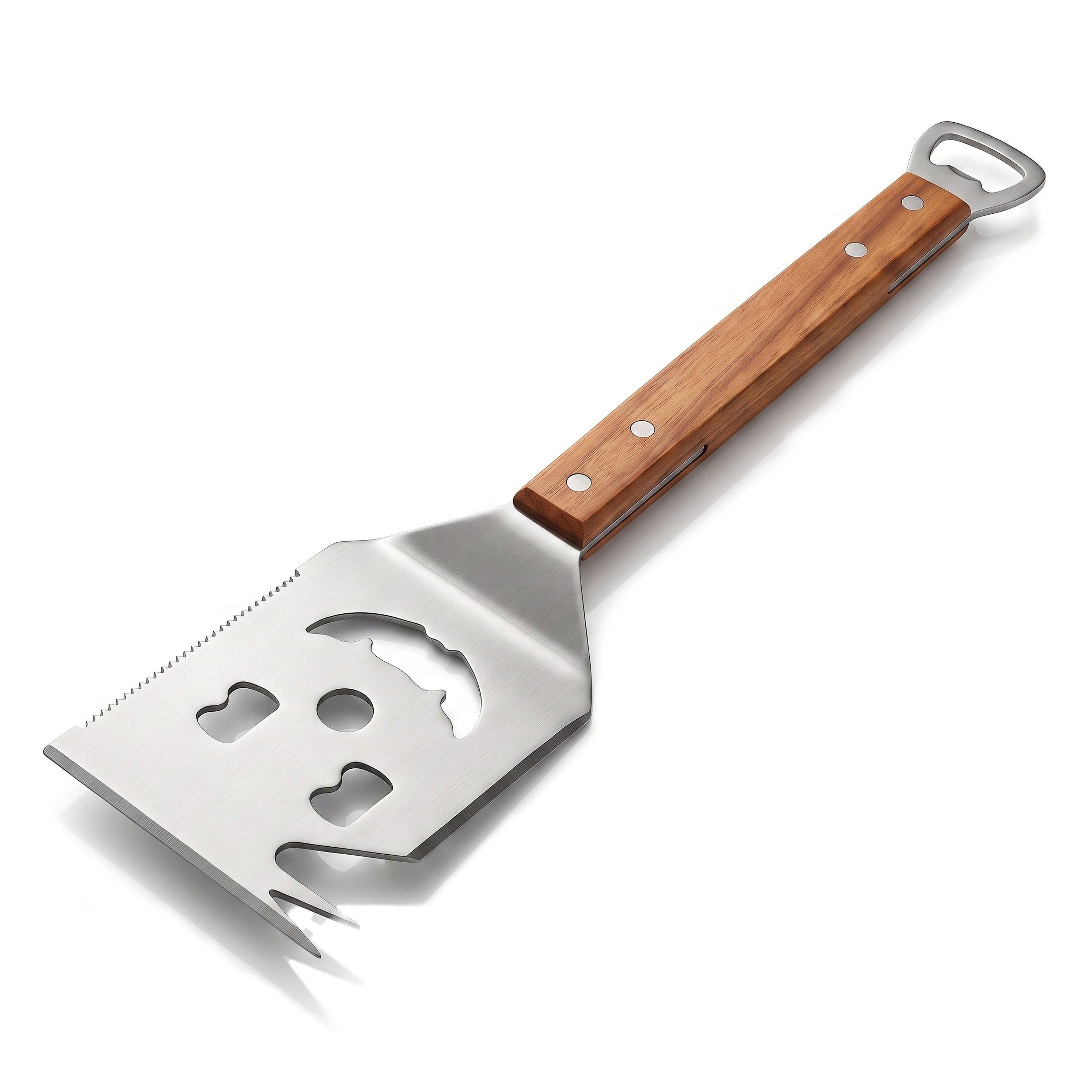 Arendo Grillwender BBQ Spatel 7-in-1 aus Edelstahl mit Holzgriff, Zwei Messerkanten, Flaschenöffner, Drehhilfe und Gesichtsmotiv