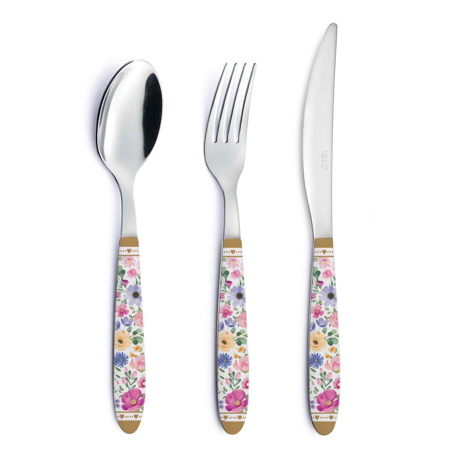 EasyLife Besteck-Set Mon Amour, Stahl, Spülmaschinengeeignet, Mehrfarbig, Motiv: Herzen und Blumen