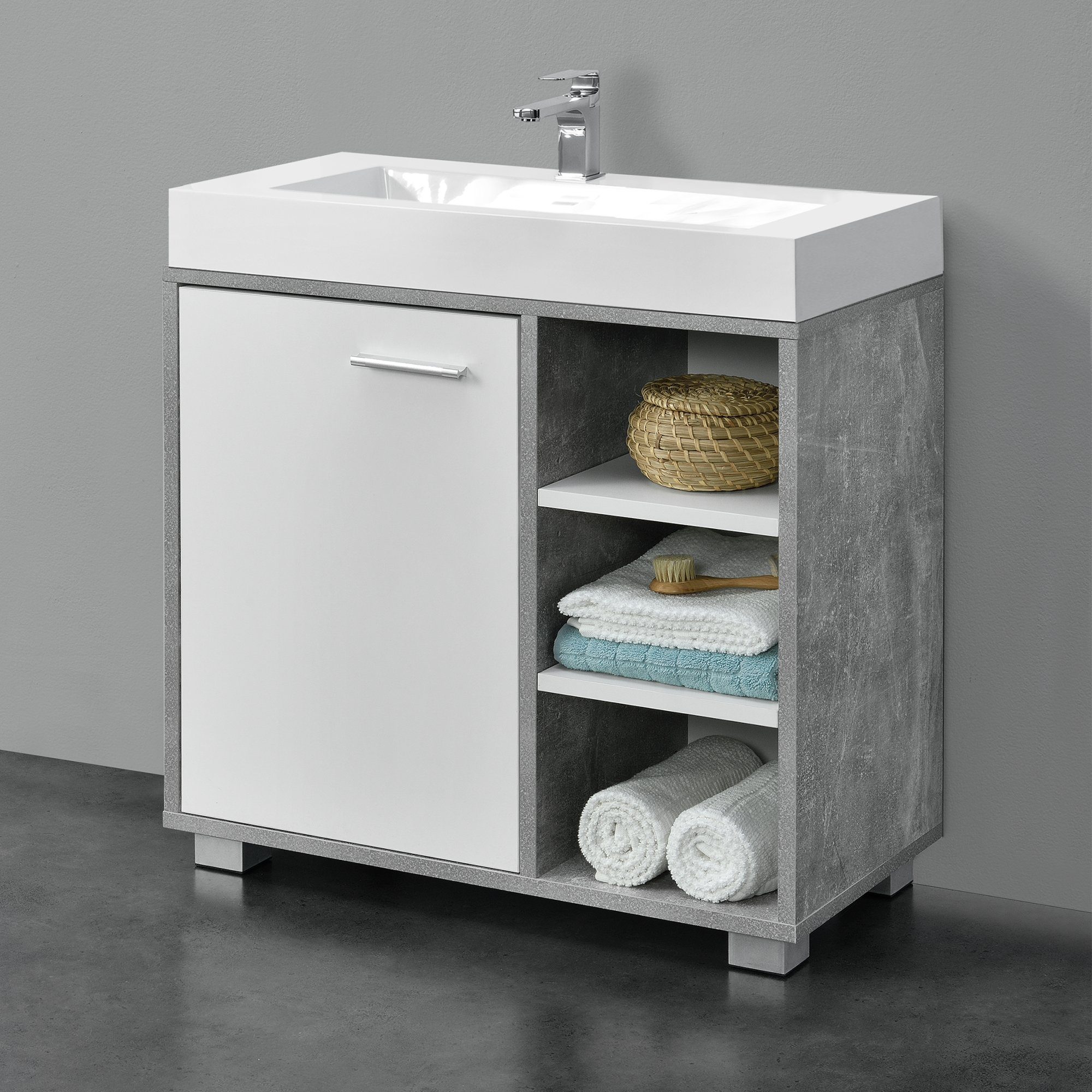 en.casa mit Tür Waschbeckenunterschrank betonfarben 3 betonfarben »Narvik« Badezimmerschrank und Ablagen weiß -