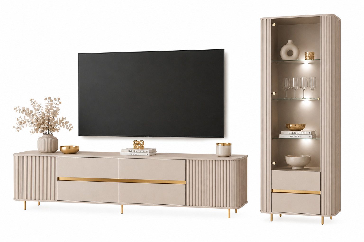 ALLHOUSE24 Wohnzimmer-Set MIRACLE GOLD mit LED Beleuchtung Vitrine, TV-Schrank, Sandbeige, (2-St., Das Set besteht aus: Vitrine, TV Schrank), Breite: Vitrine: 76 cm, TV-Schrank: 240 cm