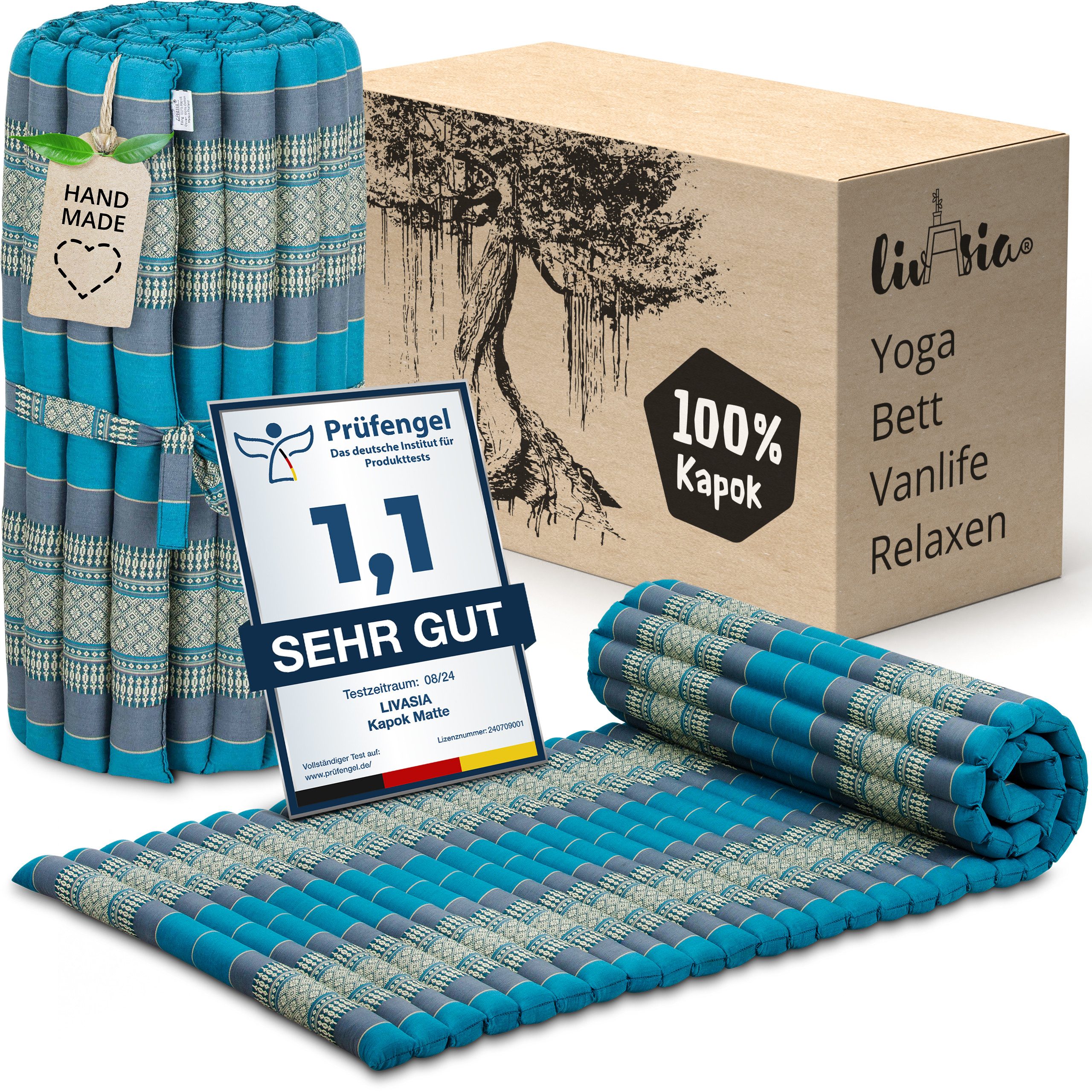 Reisebett-Matratzen Rollmatte 75 cm breit, vegan und handgefertigt, 200x75x4,5cm, livasia, 4.5 cm hoch, Kapok