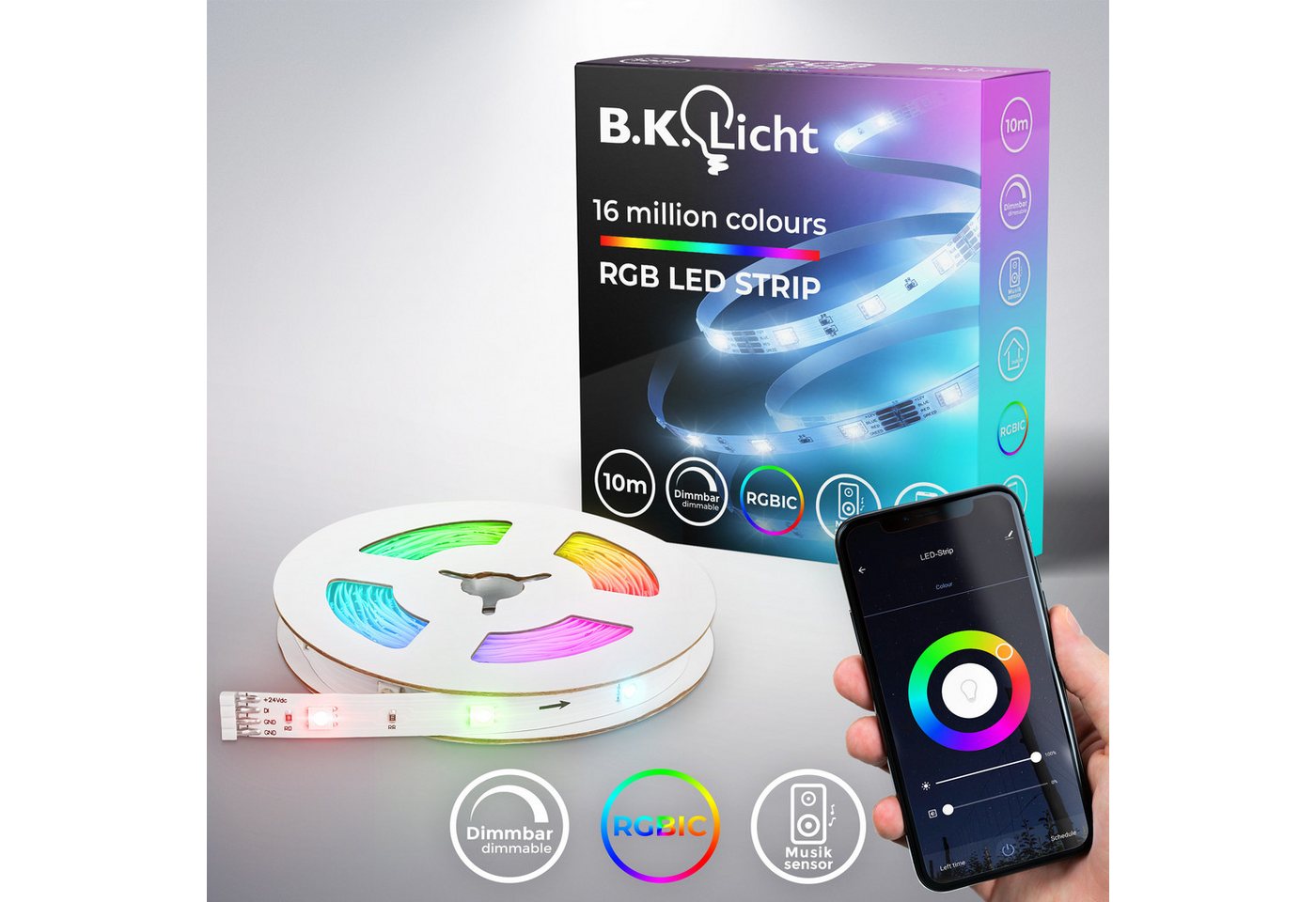 B.K.Licht LED Stripe Wifi RGBIC LED Strip, 10 m, mit App Steuerung, 300-flammig, Lichtleiste, mit Musiksensor, smartes LED Band, Selbstklebend