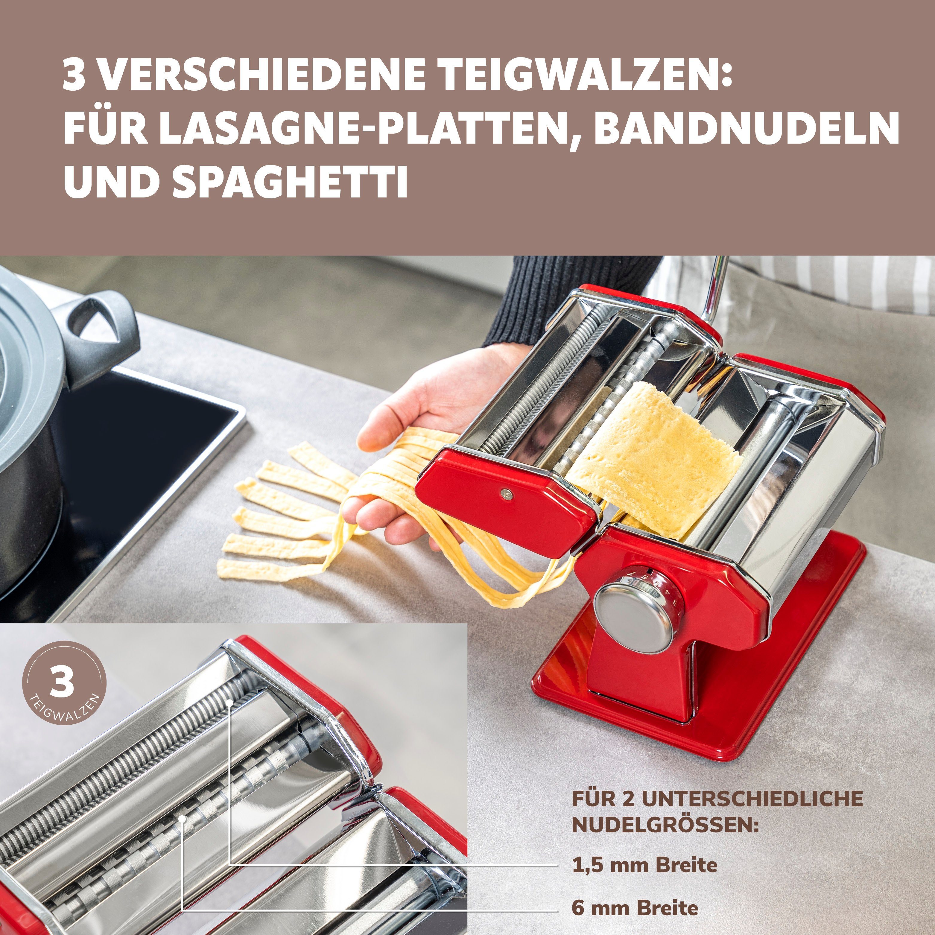 bremermann - Pasta, Nudelmaschine Edelstahl Nudelmaschine bremermann Stufen, rot Edelstahl/Metall Spaghetti, 7 für