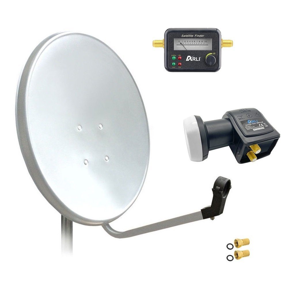 ARLI 60 cm HD Sat Anlage weiss + Twin LNB + Satfinder SAT-Antenne (60 cm, Stahl, + 2x F-Stecker vergoldet Set 10026)