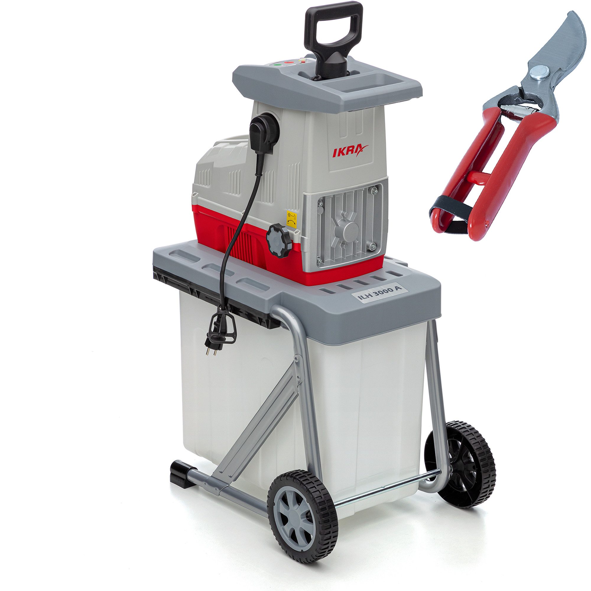 ikra GmbH Häcksler ILH 3000 A, 4,4 cm max. Astdurchmesser, (inkl. Stopfer, Fangbox & Gartenschere), 3000 Watt, leiser Lauf, mit Rücklauffunktion