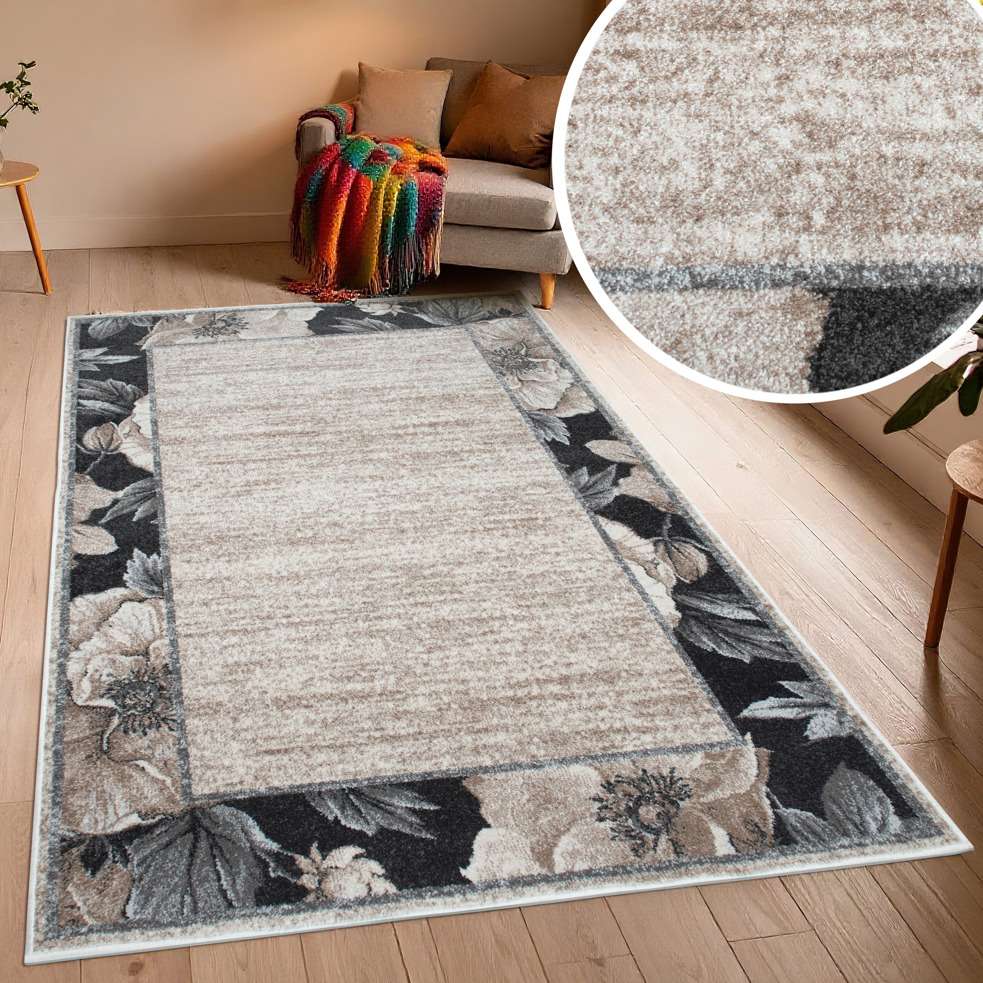 OTTO home Teppich Florent mit Rahmen, Blumen Design, rechteckig, Höhe: 9 mm, Floral, detailreiche Blüten, meliert, elegant, Wohnzimmer
