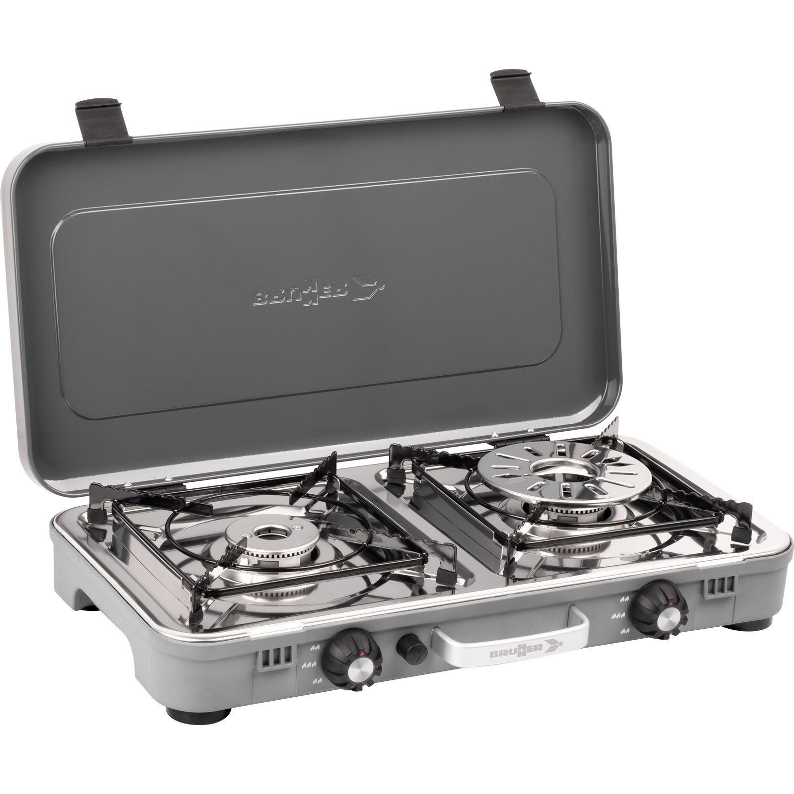 BRUNNER Gaskocher BRUNNER POWERKOOK Camping Gaskocher 2-flammig + Regler + Schlauch, (50mbar - Mit Gasregler + Gasschlauch)