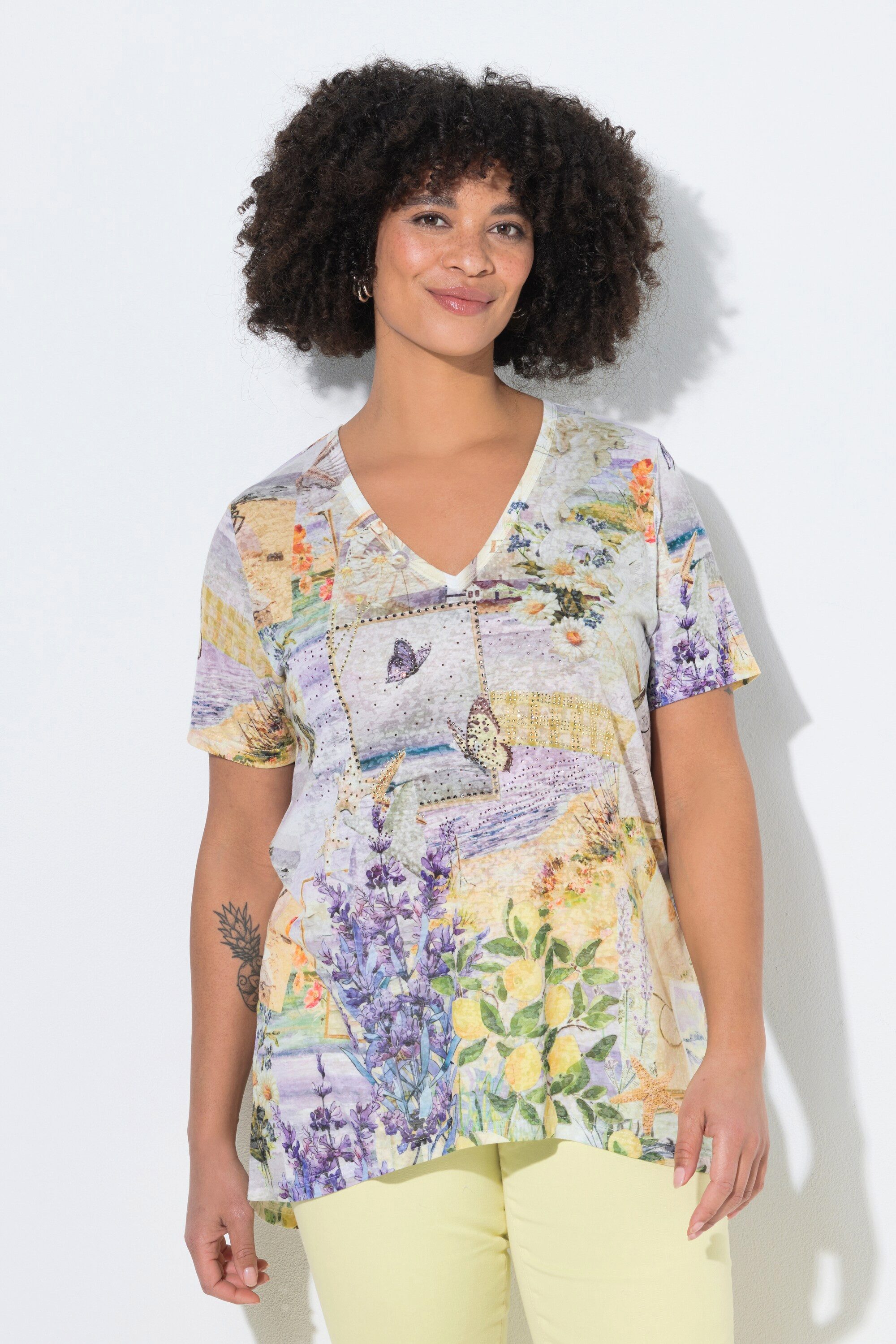 T-Shirt T-Shirt A-Linie Glitzersteinchen Blumenmuster