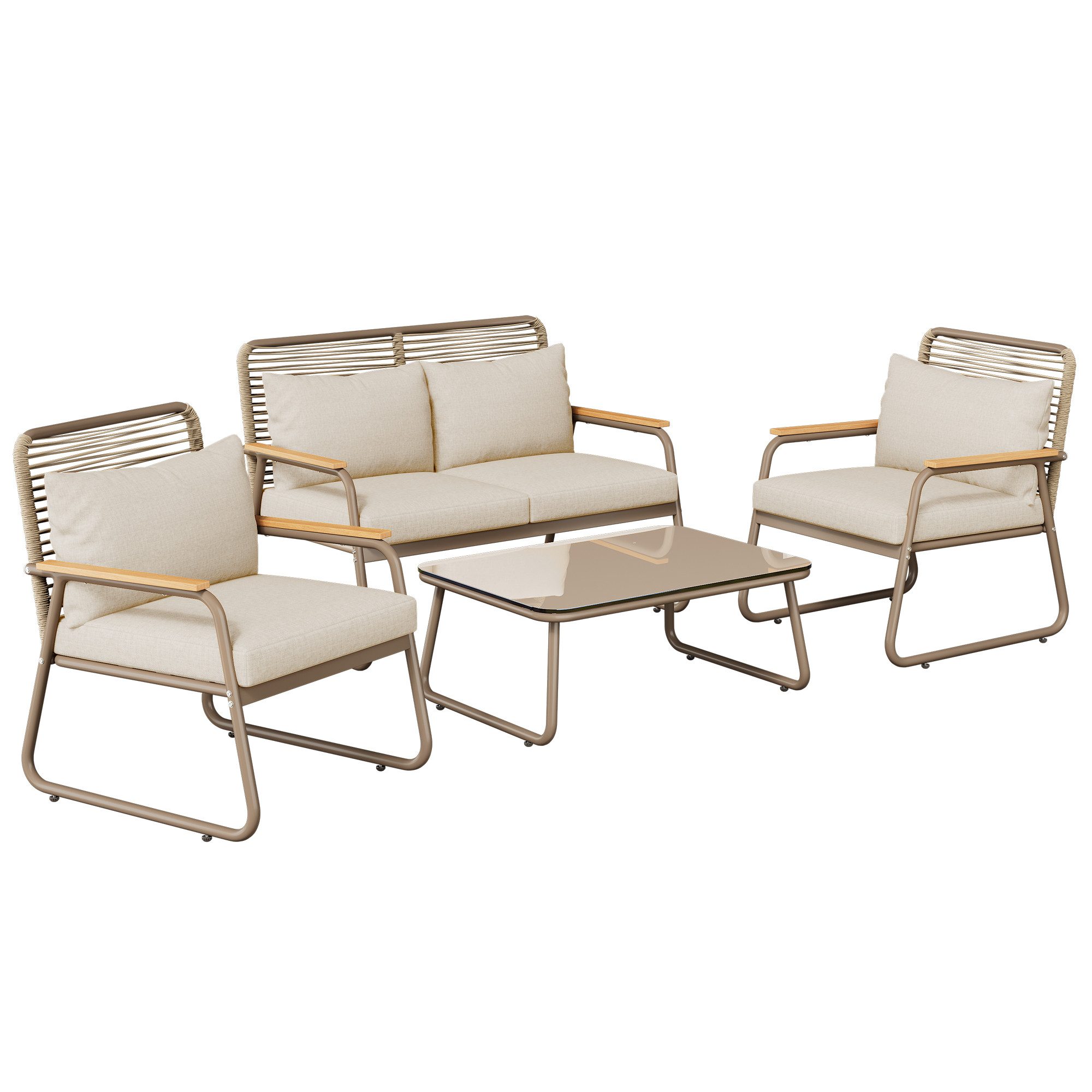 HAUSS SPOLE Sofa mit Gestell aus verzinktem Eisen, verstellbare Beine, Kissen, Beige, Elegantes Gartenmöbel-Set für 4 Personen – Doppelsofa, Einzelsofas & Couchtisch mit verstellbaren Beinen., mit Relaxfunktion