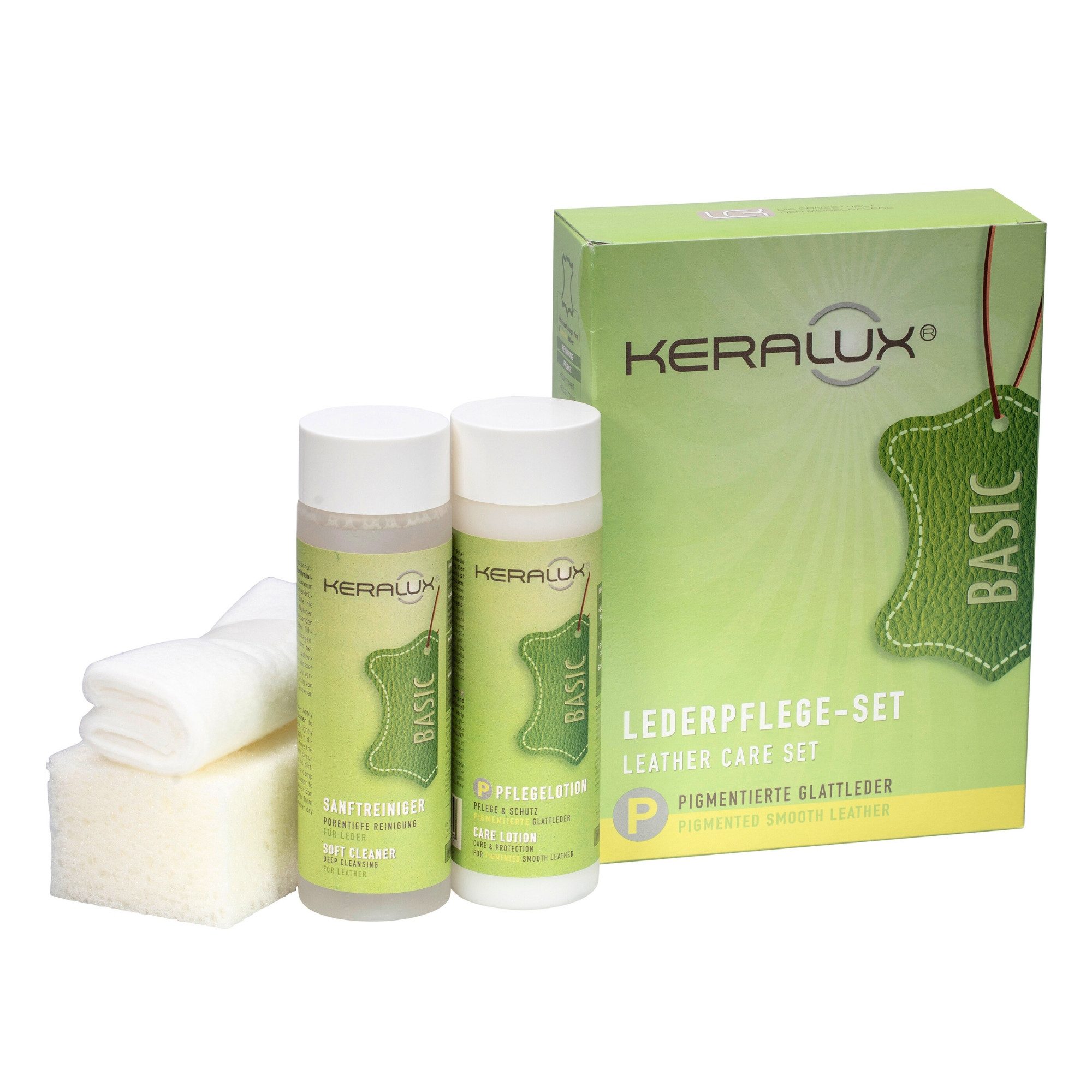LCK KERALUX® Set P Lederpflegeset (1 St., für Semi-Anilin und pigmentierte Glattleder), 4-tlg., mit 200ml Lederreiniger + 200ml Pflegelotion