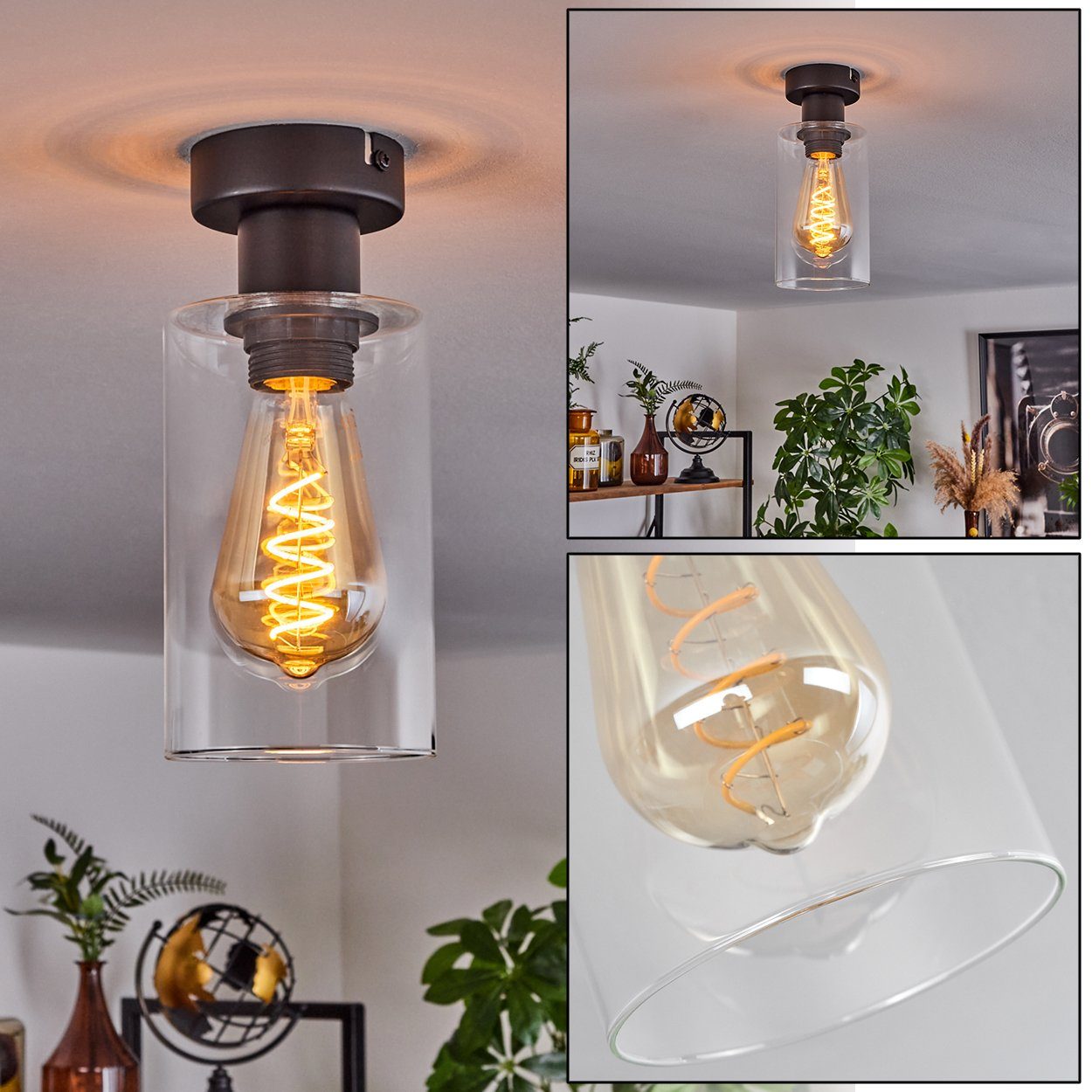 hofstein Deckenleuchte moderne Deckenlampe aus Metall/Glas in Schwarz/Klar, ohne Leuchtmittel, Leuchte im Retro/Vintage-Design mit Schirm aus Glas (10 cm), 1 x E27 | Deckenlampen