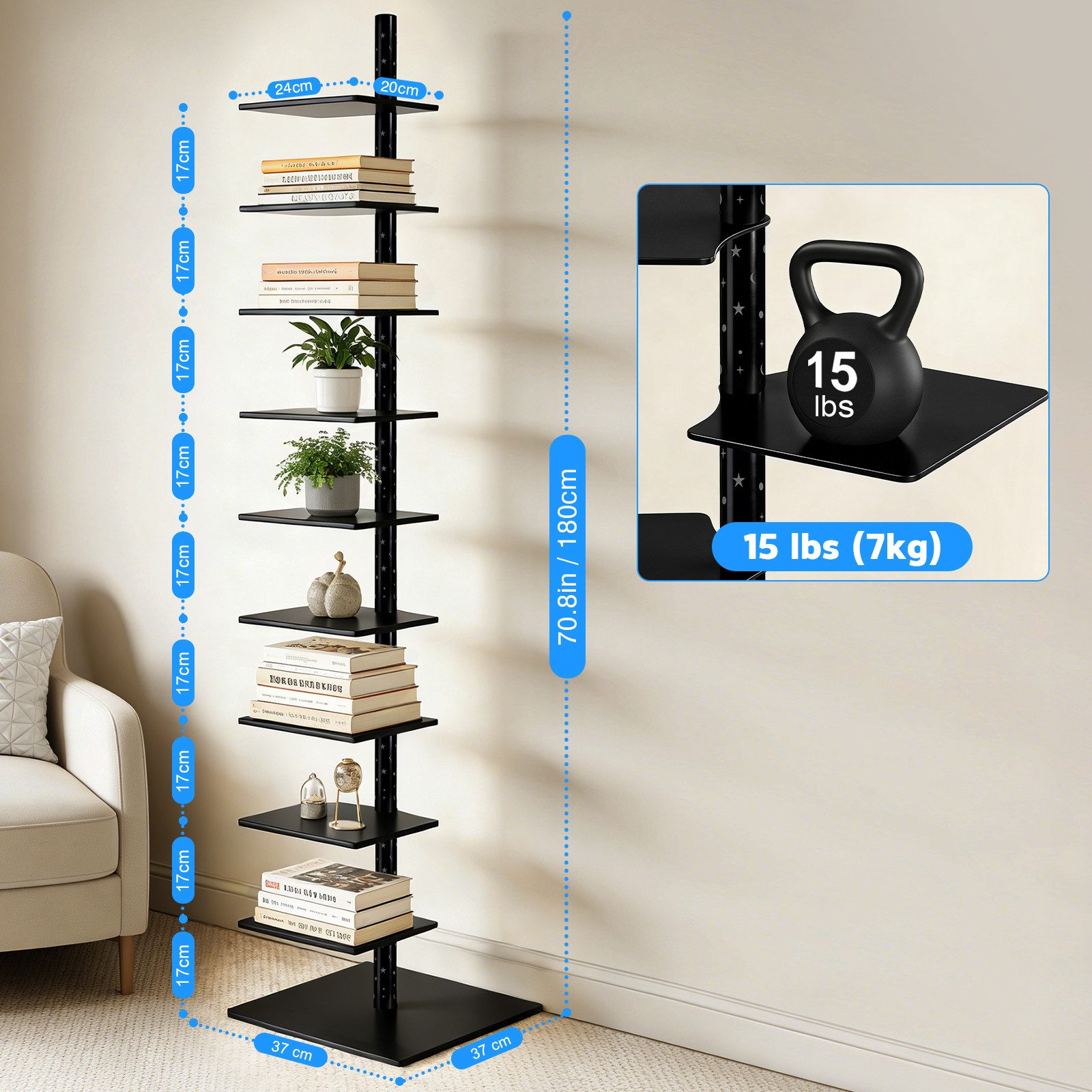 XIIW Bücherregal 1.8M LED STERNENLICHT Standregal CD DVD Kind Drehbar Regal Bücherturm, 9 Ablagen Vertikaler Bücherregal für Kinderzimmer, Wohnzimmer Schlafzimmer Freistehend Modern Design