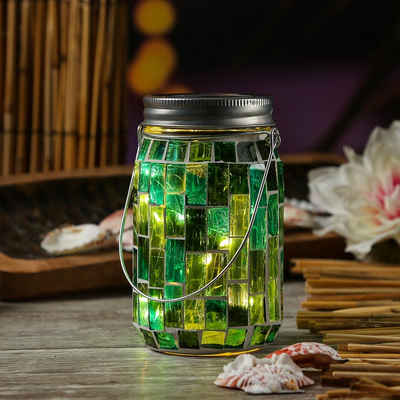 MARELIDA LED Windlicht »LED Solar Glas Einmachglas mit Mosaik Tischleuchte mit Henkel Lichtsensor grün«, LED Classic, warmweiß (2100K bis 3000K)