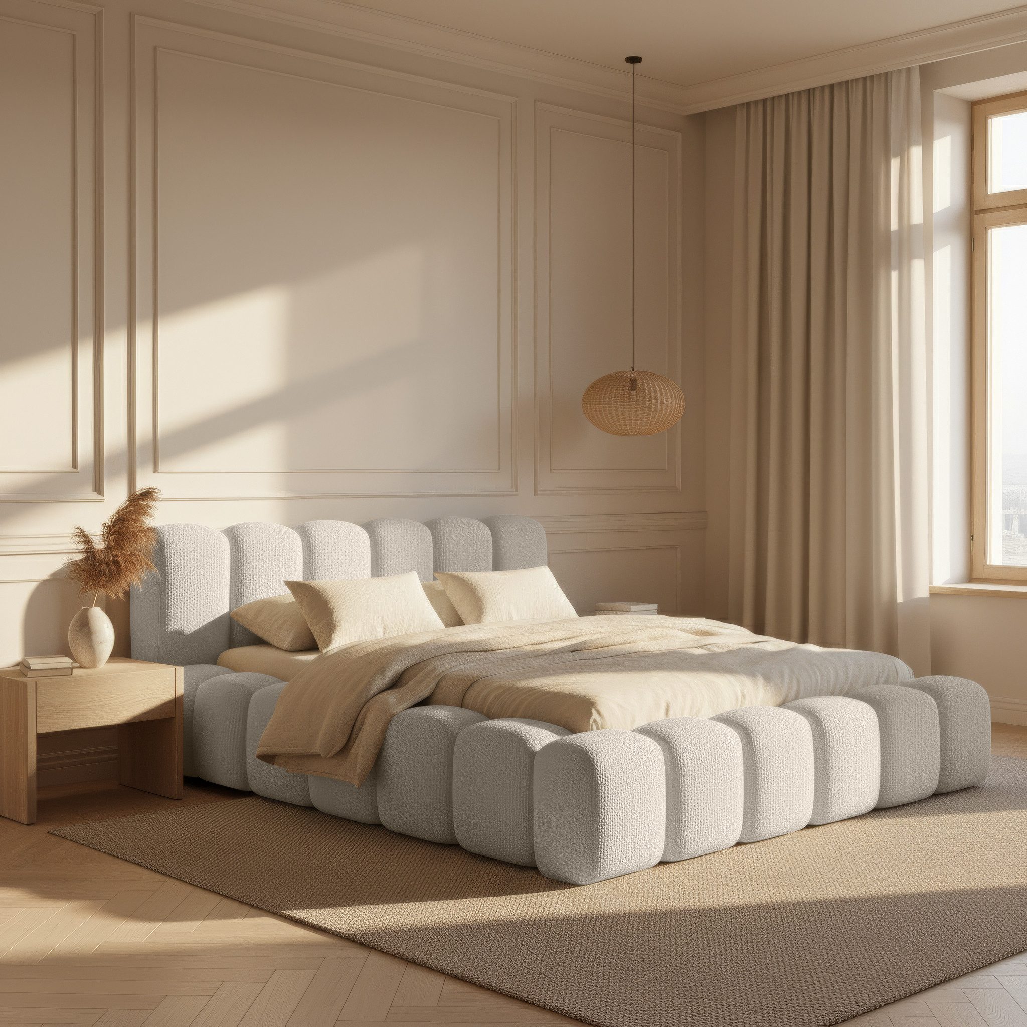 yourhouse24 Polsterbett Dallas Bouclé, angesagte Bubble-Optik (Bettgestell mit Bettkasten), Wolken-Design & Japandi