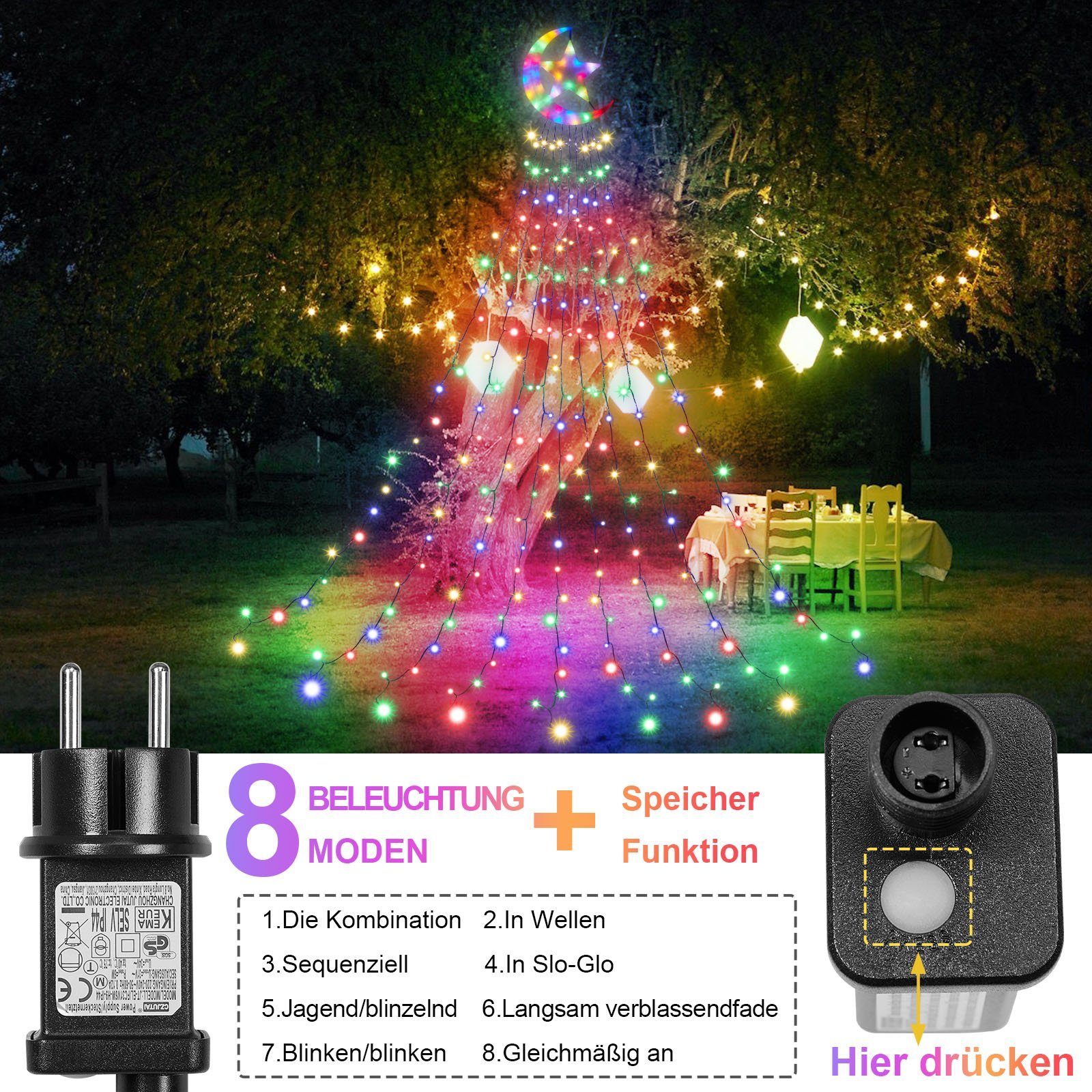 Sunicol LED-Lichterkette LED Weihnachtsbaum Lichterkette, Topper Star, 350-flammig, 8 Modi, Timer