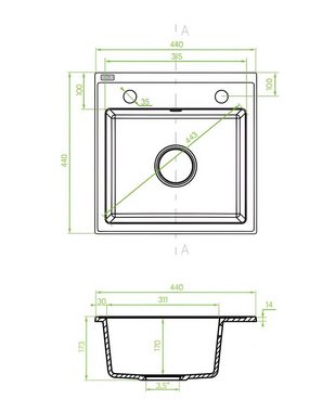 KOLMAN Küchenspüle Einzelbecken T.III Granitspüle, Quadratisch, 44/44 cm, Schwarz, Space Saving Siphon GRATIS