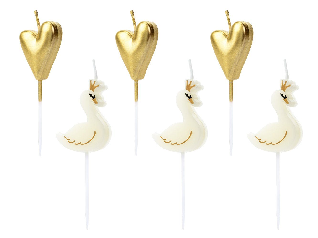 partydeco Geburtstagskerze, Geburtstagkerzen Schwan / Herzen Mix 4cm, 6er Set weiß / gold