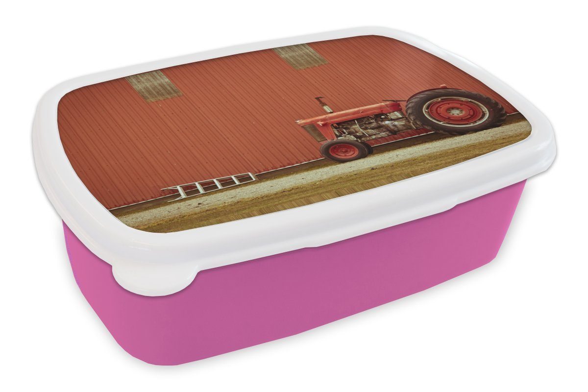 MuchoWow Lunchbox Traktor - Scheune - Rot - Bauernhof, Kunststoff, (2-tlg), Brotbox für Erwachsene, Brotdose Kinder, Snackbox, Mädchen, Kunststoff rosa