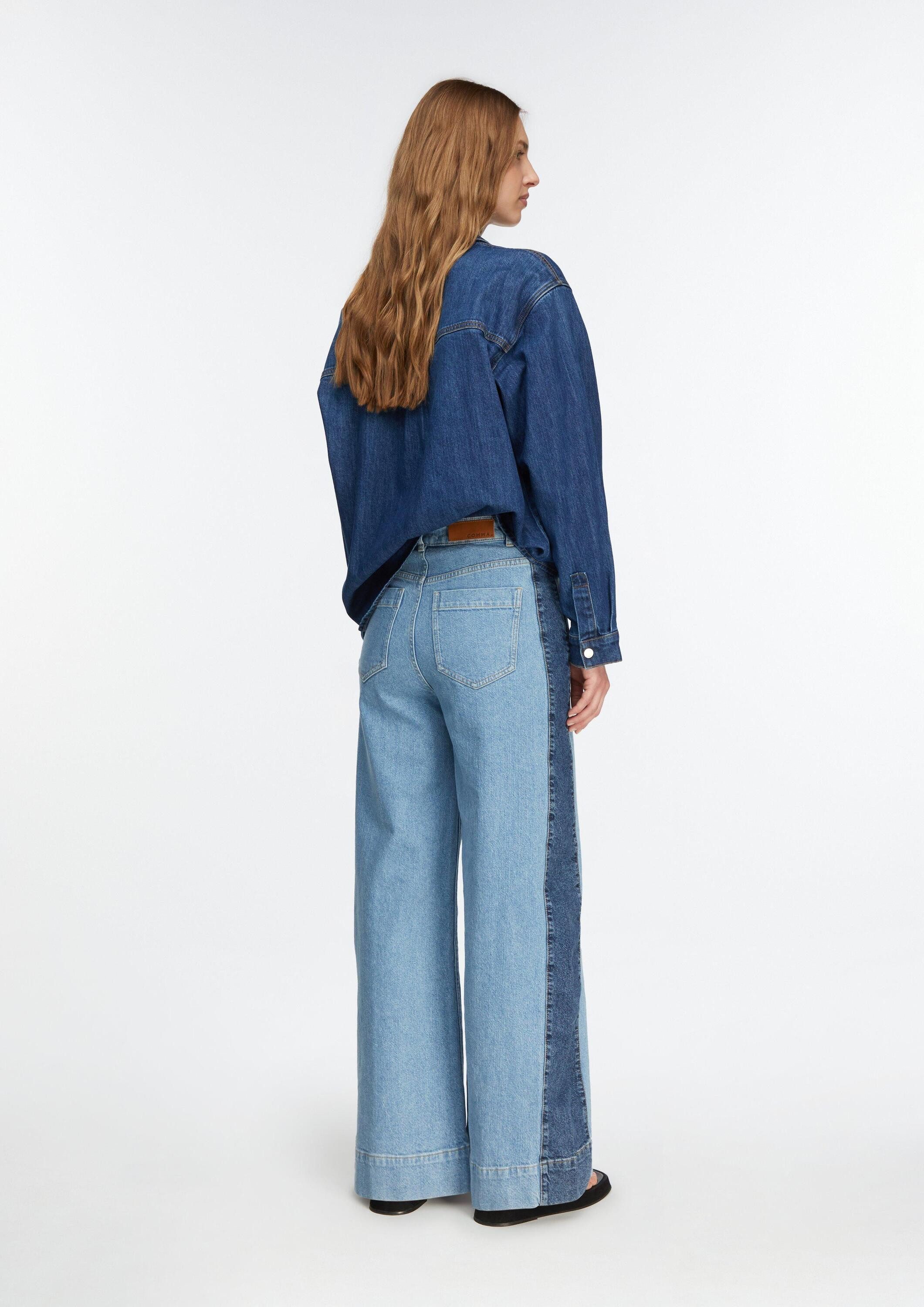 comma Weite Jeans Jeans-Hose Wide-Leg-Denim mit High Rise und Kontraststreifen
