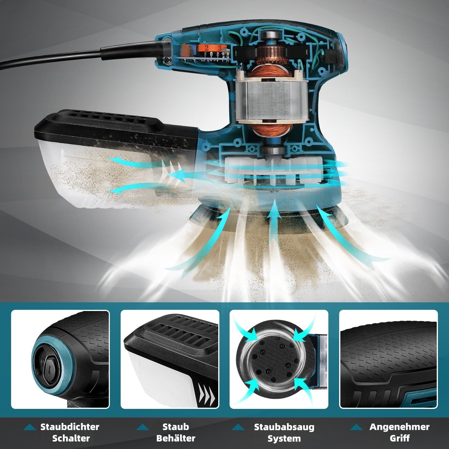 Thumbnail - DOVAMAN Exzenterschleifer 125 mm, 350W, 6 variable Geschwindigkeit, 12 Schleifscheiben, max. 13000 U/min, mit Kabel, Erg...