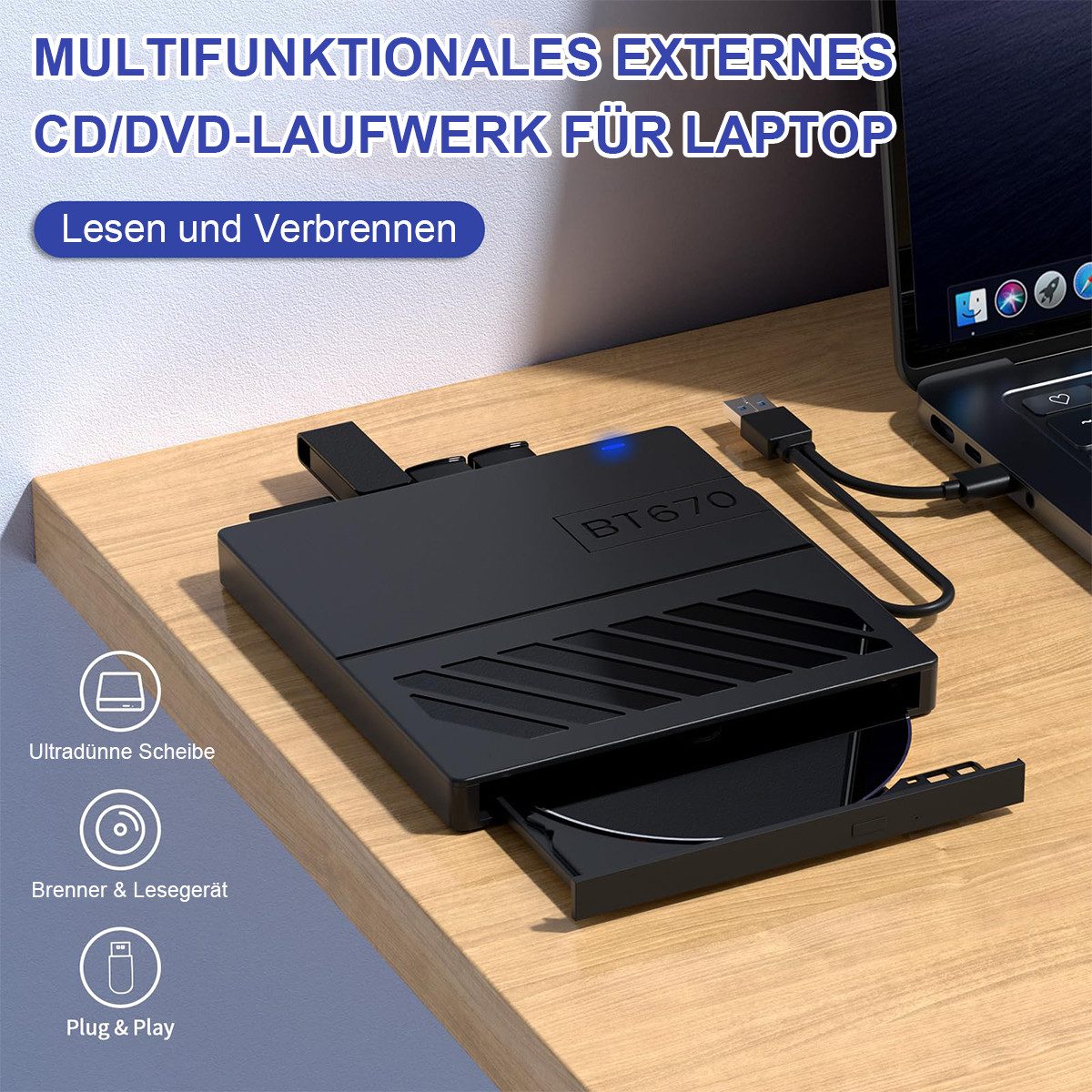 Novzep 7-in-1 Externer CD/DVD Player & Brenner – USB, Ultra Slim, Tragbar, DVD-Brenner (mit SD/TF Kartenleser & USB-Hub, für Windows/macOS)