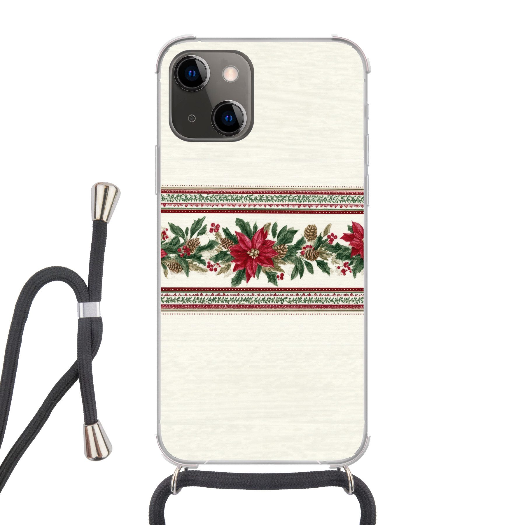MuchoWow Handyhülle für Apple iPhone 13 Mini Weihnachtsstreifen - Weihnachtsstern - Rot -, Tragbare Handyhüllen mit Kette zum umhängen, Handykette Handyband