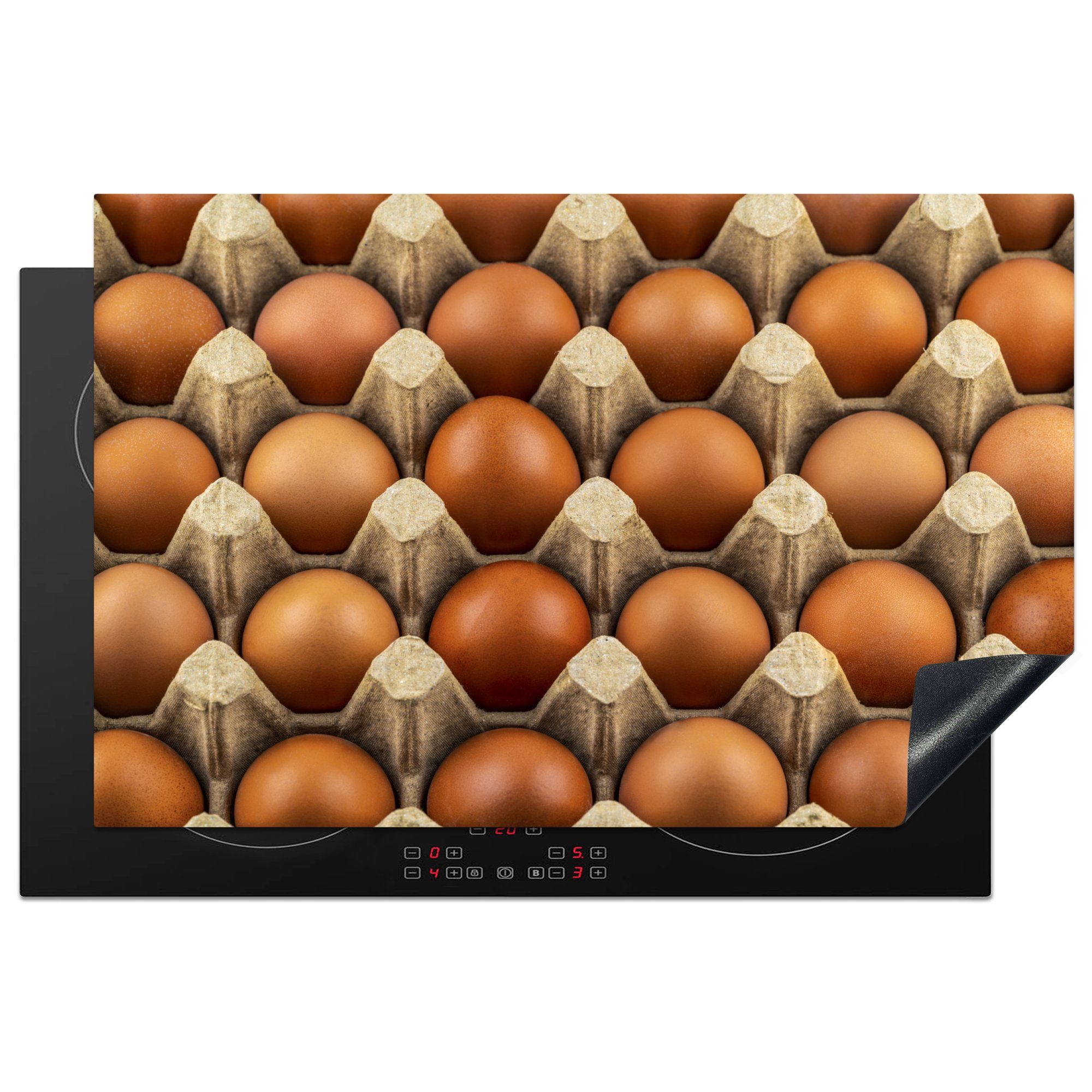 MuchoWow Herdblende-/Abdeckplatte Braune Eier auf einer Eierschale, Vinyl, (1 tlg), 81x52 cm, Induktionskochfeld Schutz für die küche, Ceranfeldabdeckung | Herdabdeckplatten