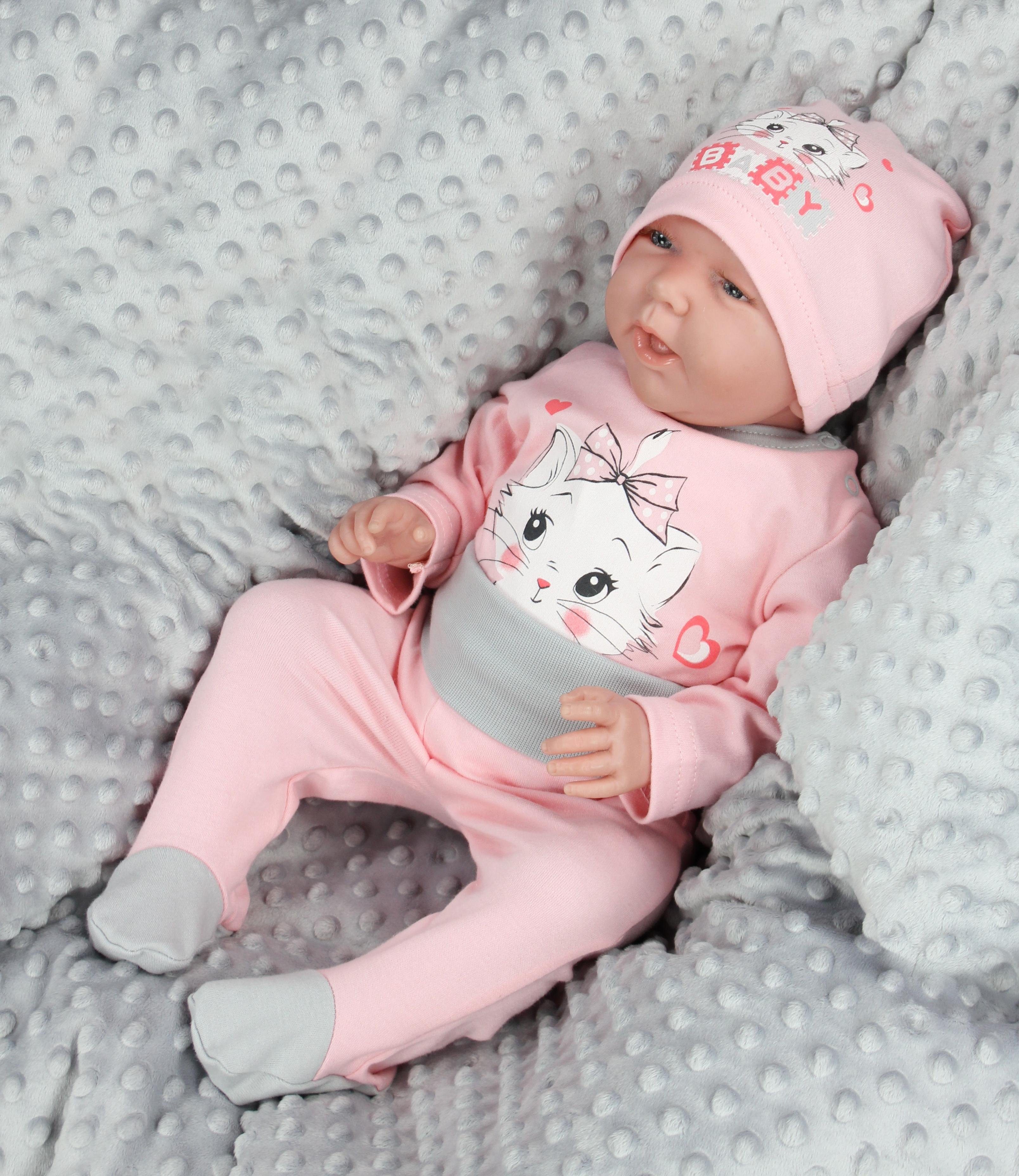 TupTam Erstausstattungspaket Baby Langarmbody mit Mädchen Jungen Spruch Grau Mütze Aprikose / Bekleidungsset Hose Katze