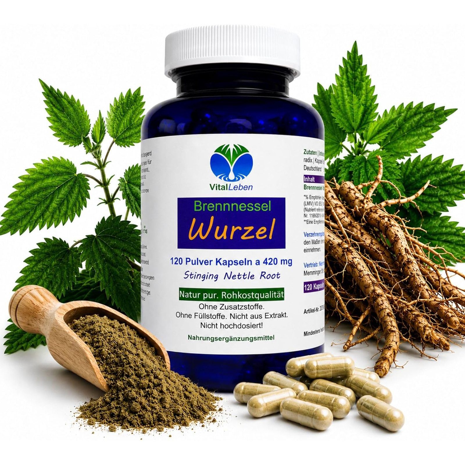 VitalLeben Brennnesselwurzel nach Hildegard von Bingen ohne Zusatzstoffe Kapseln, 1 er Dose à 120 St., 50,4 g, Art. 26950-120