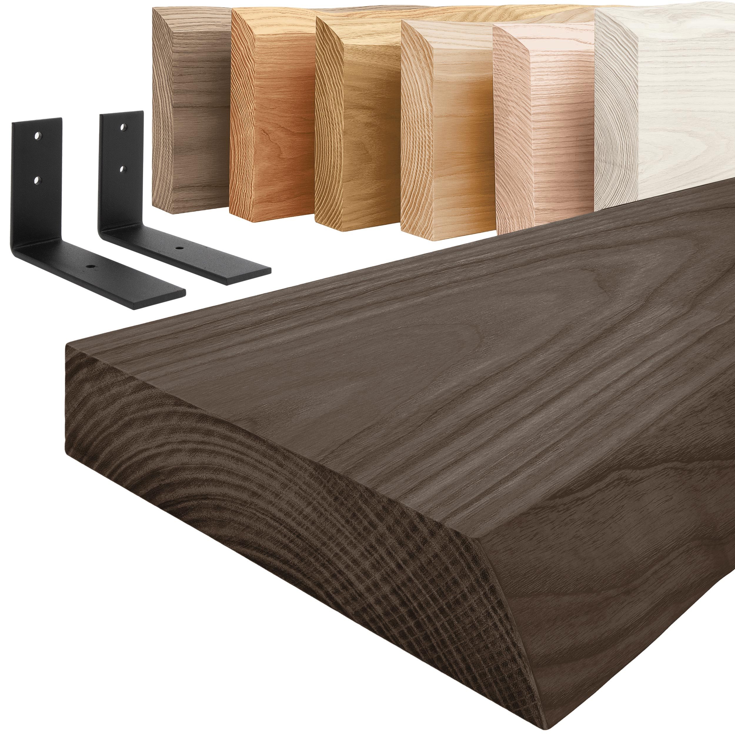 LAMO Manufaktur Wandregal Holz Baumkante Regal Farbe: Schwarz mit schwarzem Basic 40 cm, Komplett-Set, 40mm stake Massivholzplatte
