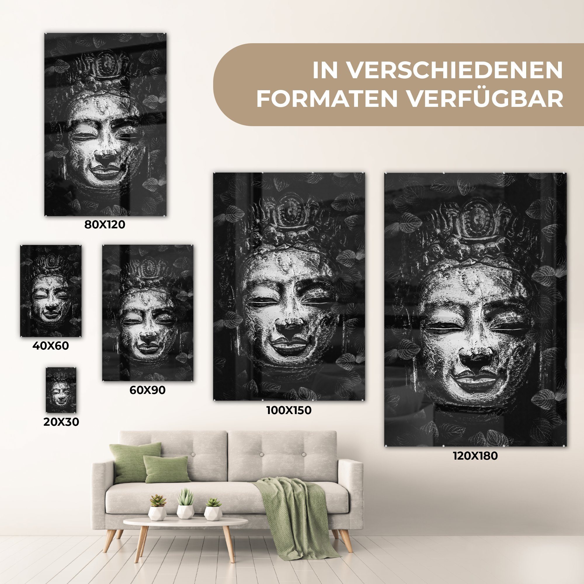 (1 MuchoWow Wanddekoration auf Blättern herum Kupferkopf bunt -, drum - - Foto Buddhas Acrylglasbild Glasbilder mit eines kleinen Glas auf Rauher Wandbild Bilder - Glas St),