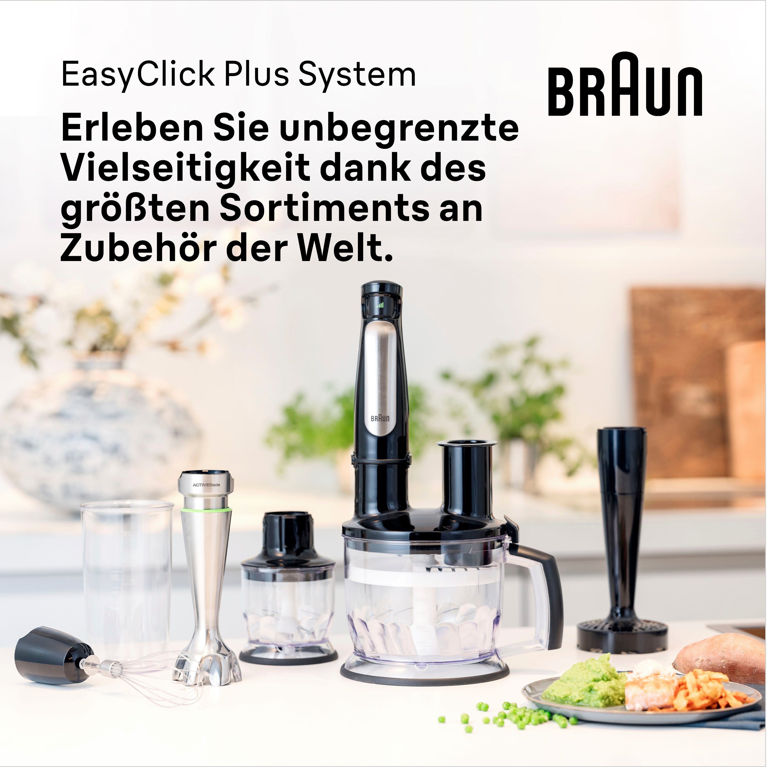 Braun Stabmixer MultiQuick 7 MQ 7000X - 1000W, Stufenlosregulierbar, Dynamische Klinge, 1000 W, Spritzschutz, Extra Mahlklinge, Mixer, Zubehör spülmaschinenfest – Bild 3 von 5