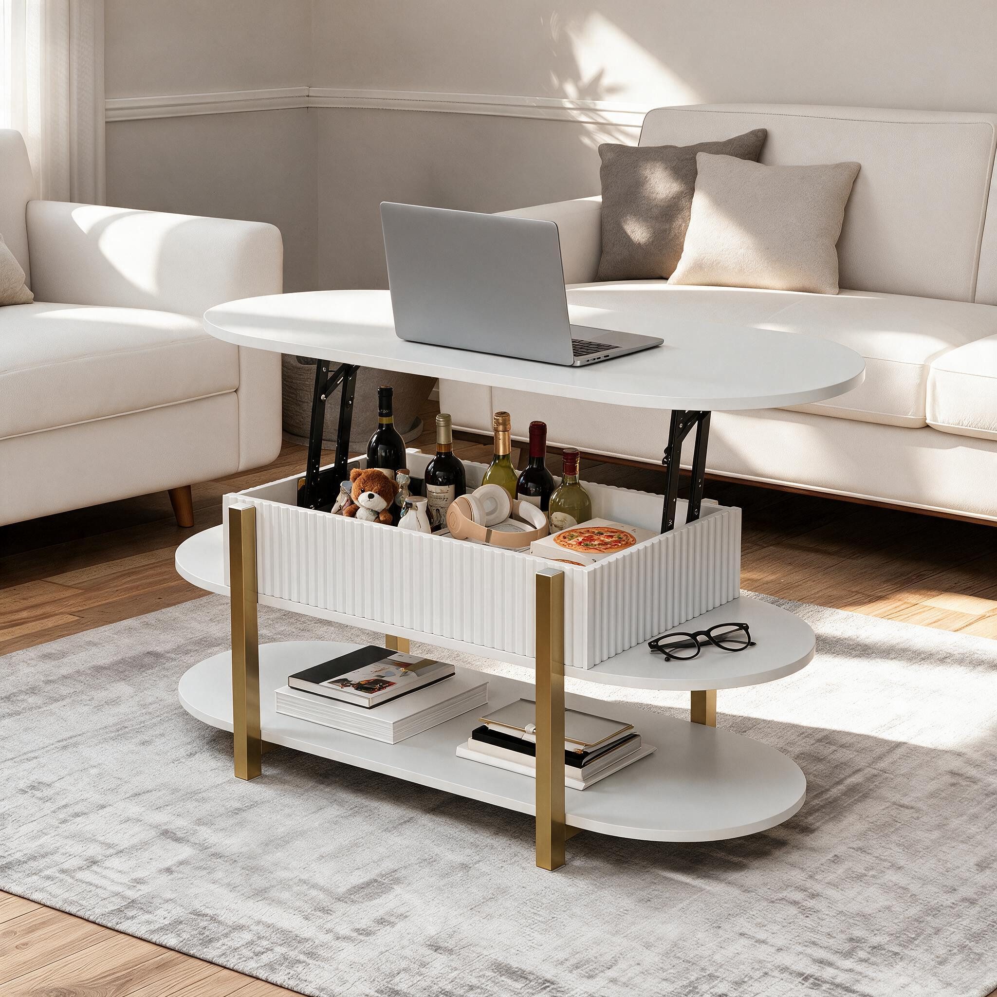 PXloue Couchtisch Schreibtisch höhenverstellbar stapelbarer Sofatisch, mit Bodenschutz (Höhenverstellbarer Wohnzimmertisch), Ausziehbarer Wohnzimmertisch Sofatisch 106x(50-63)x38 cm