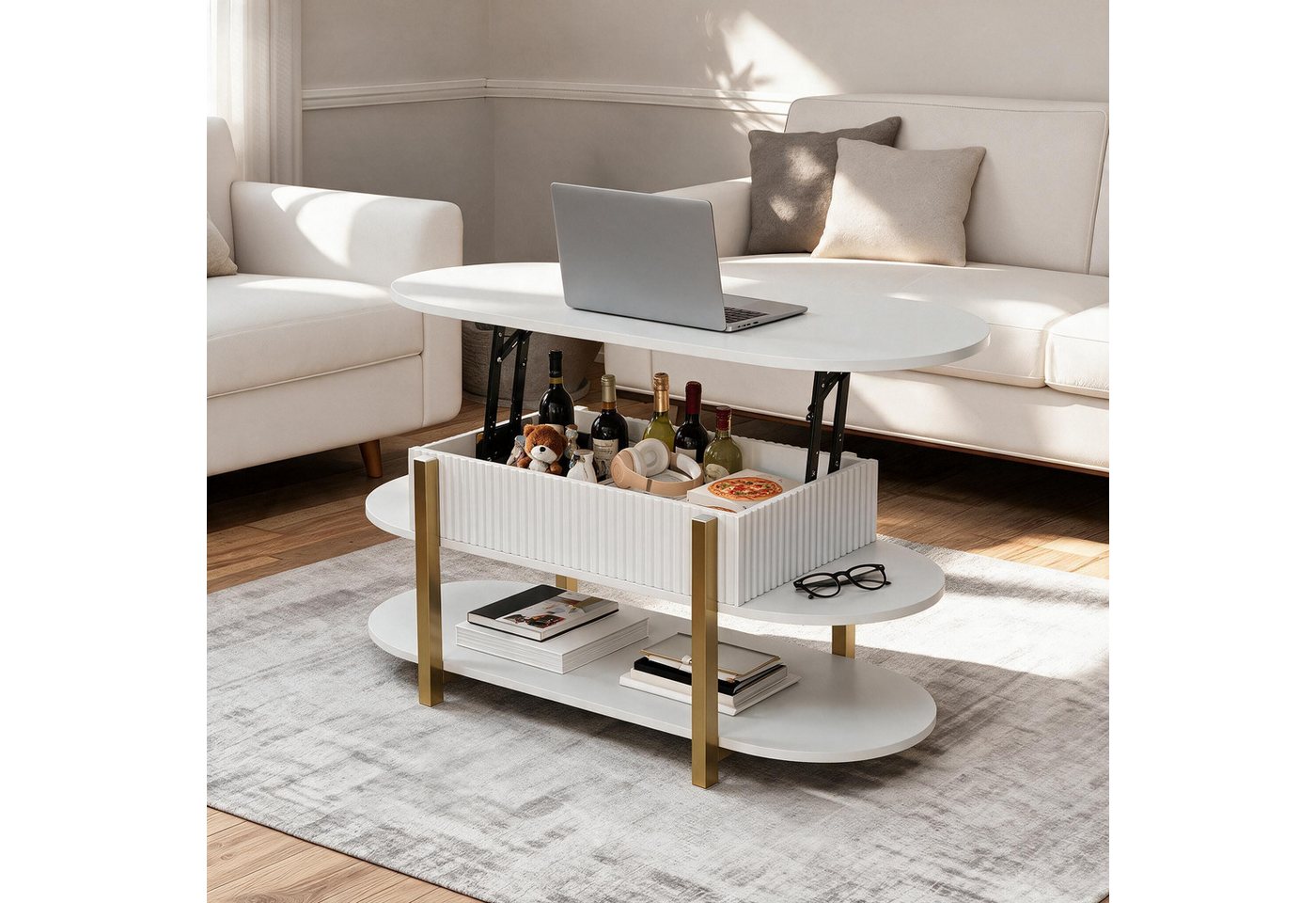 PXloue Couchtisch Schreibtisch höhenverstellbar stapelbarer Sofatisch, mit Bodenschutz (Höhenverstellbarer Wohnzimmertisch), Ausziehbarer Wohnzimmertisch Sofatisch 106x(50-63)x38 cm