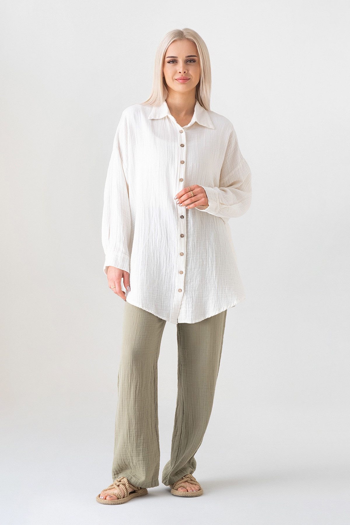WENOR Hemdbluse Oversize Musselin Hemd 100 % Baumwolle, Kokosknöpfe, Einheitsgröße