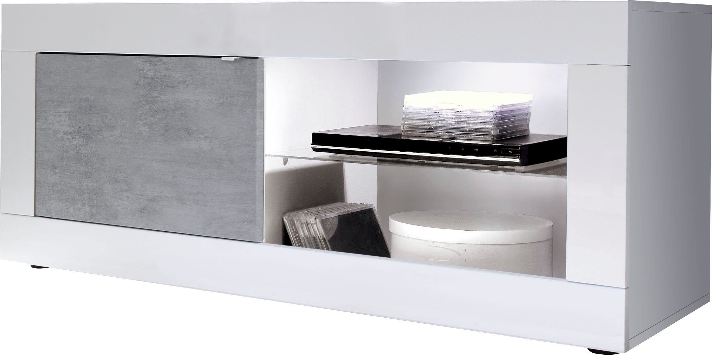 INOSIGN Lowboard Basic Breite 140 cm, TV-Board 1 Tür, 2 offene Fächer (Glasboden), TV-Kommode, Metallgriff, moderne Rahmenoptik, Farbauswahl